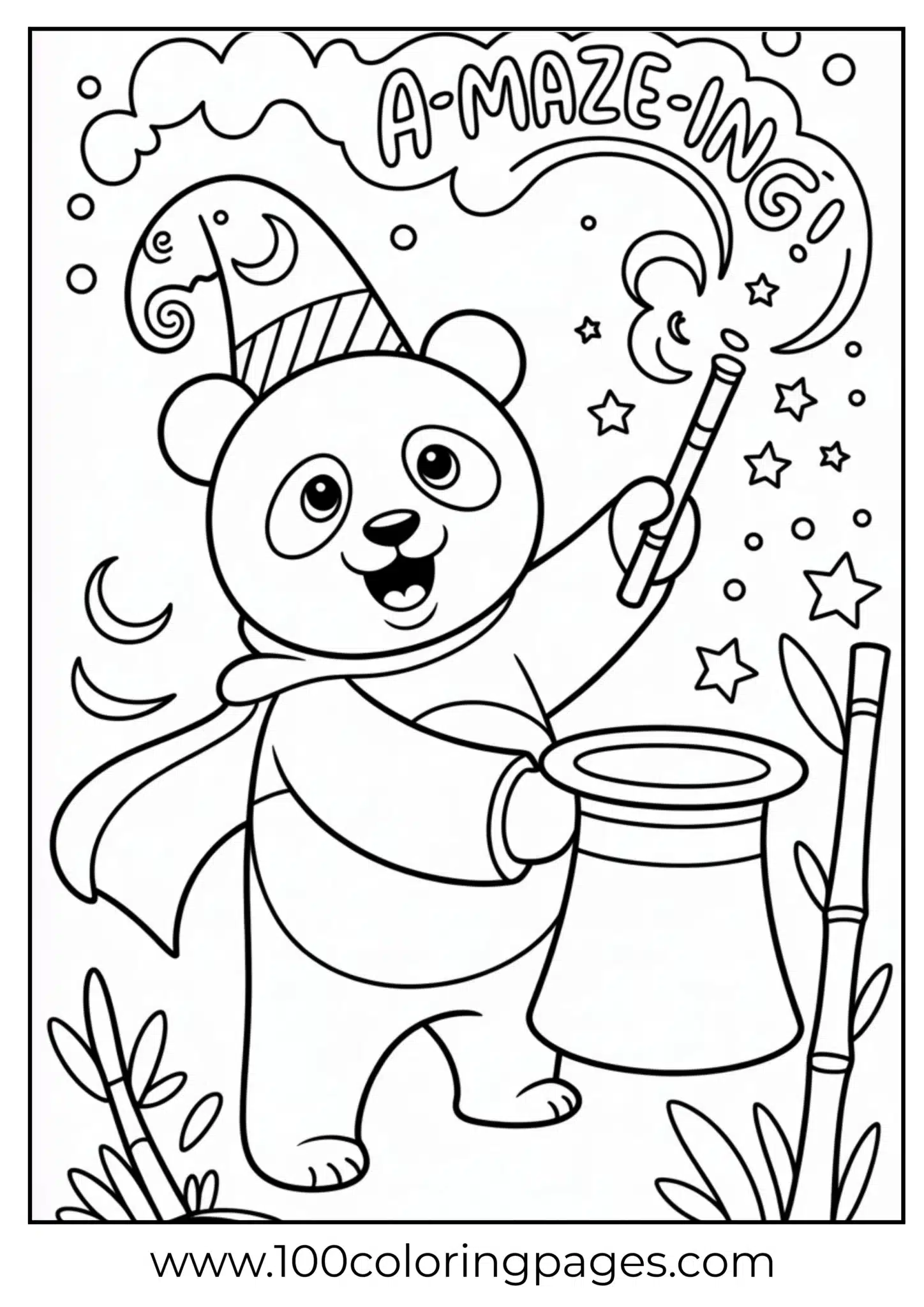 Panda as magician casting bamboo spell, outline