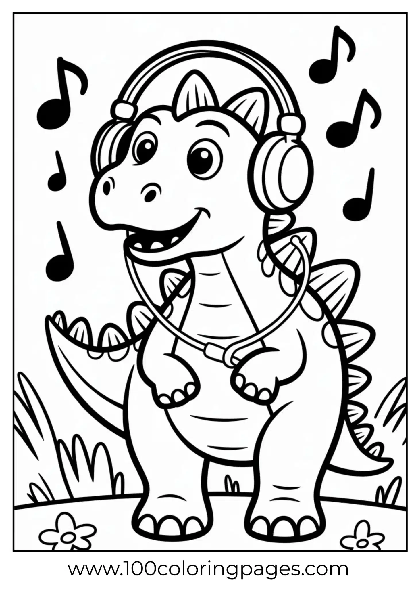 Stegosaurus wearing big headphones, outline
