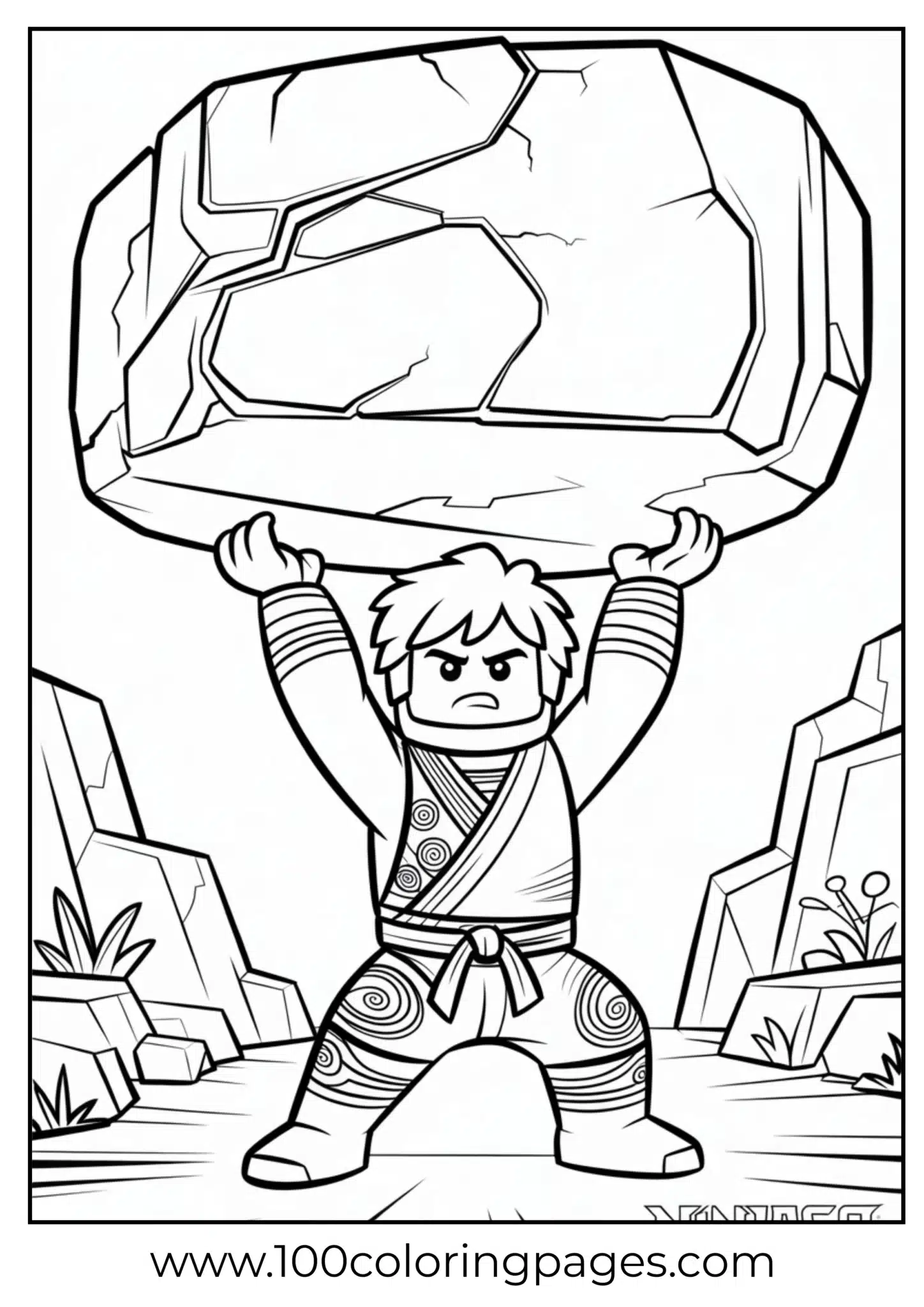 Ninjago Cole showing power with lifted boulder