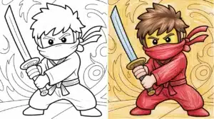 LEGO Ninjago character Kai in black-and-white and colored versions – Ninjago coloring pages