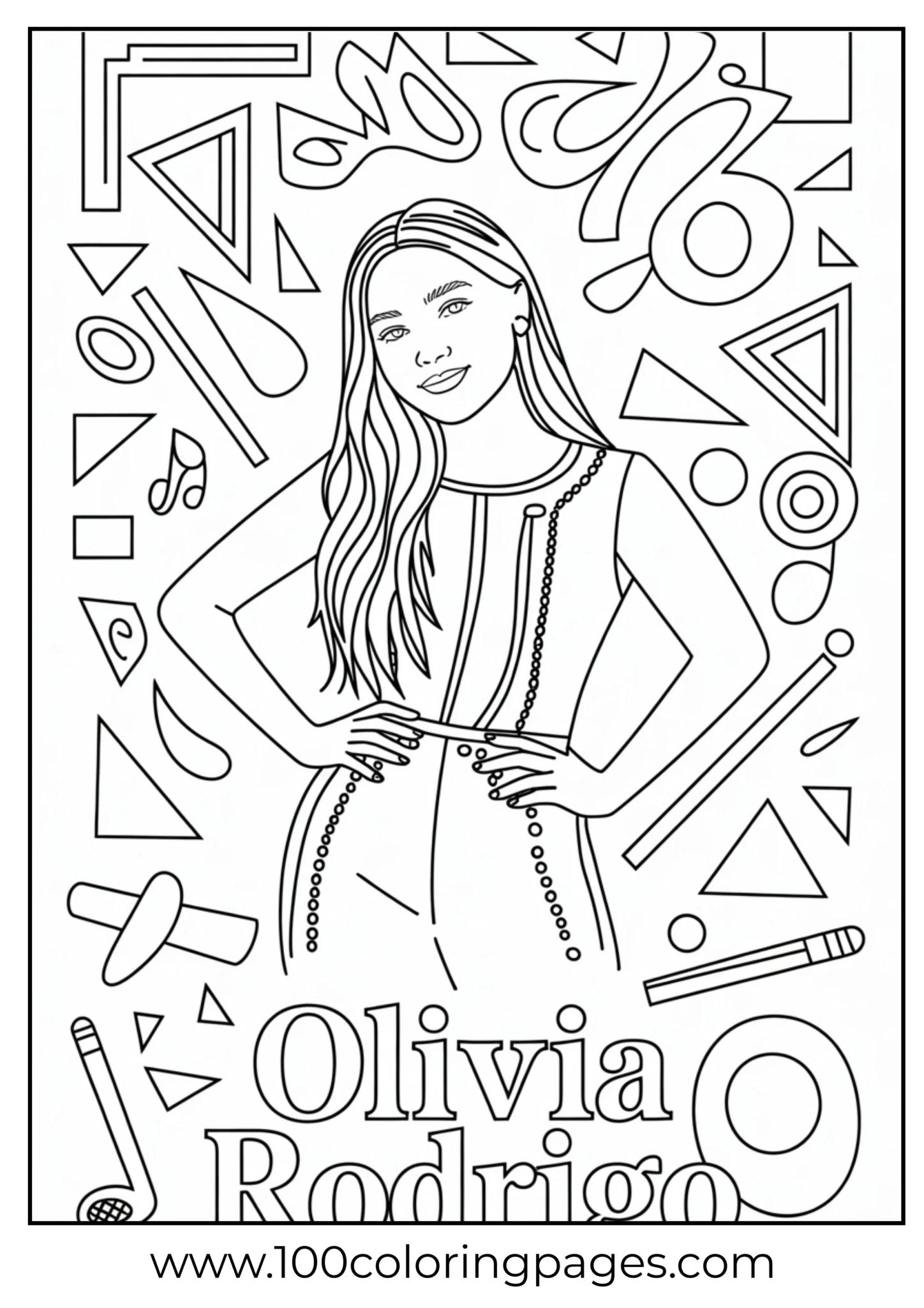Olivia Rodrigo figure with abstract shapes and music icons