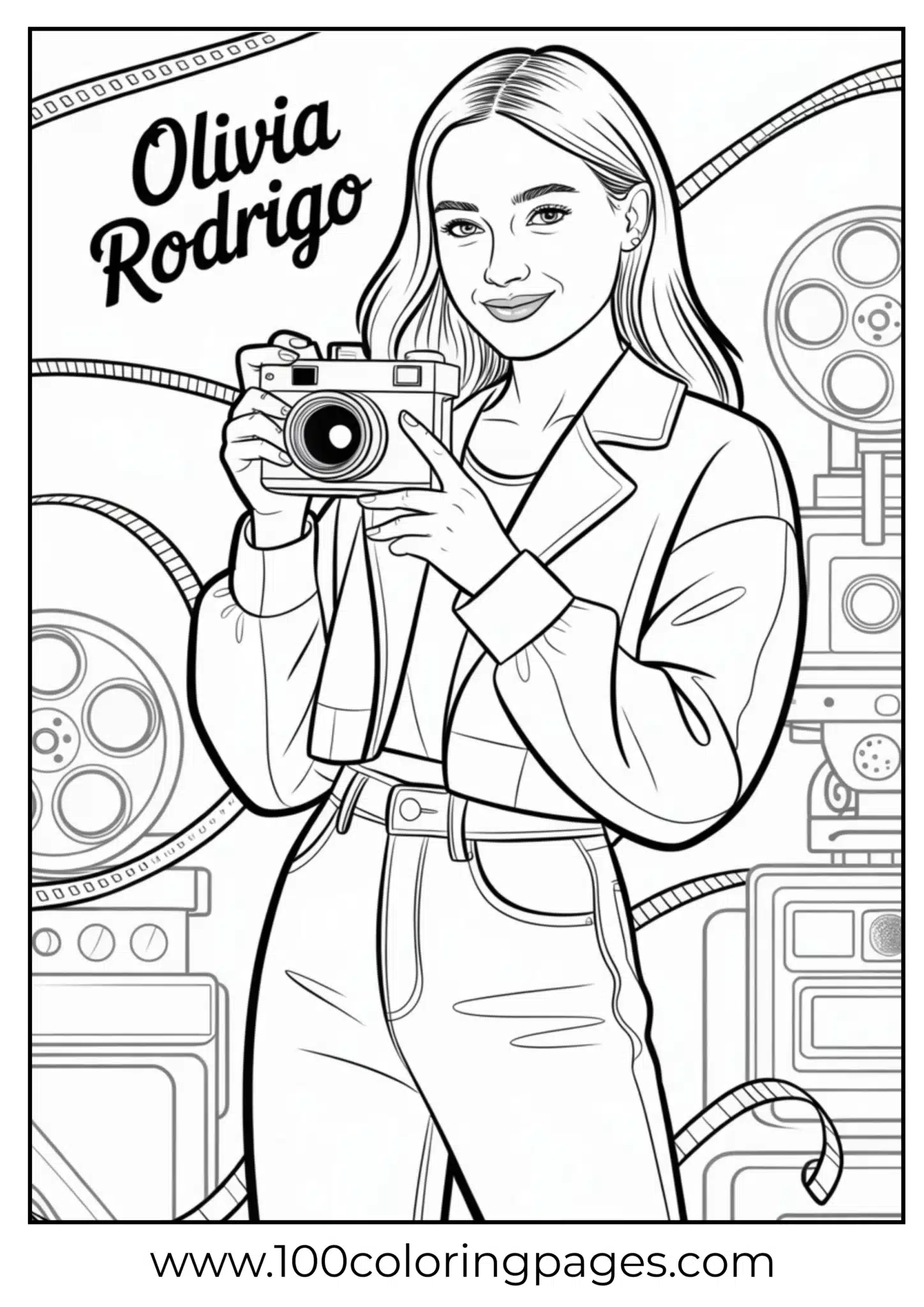 Olivia Rodrigo holding an old-style film camera, outline art