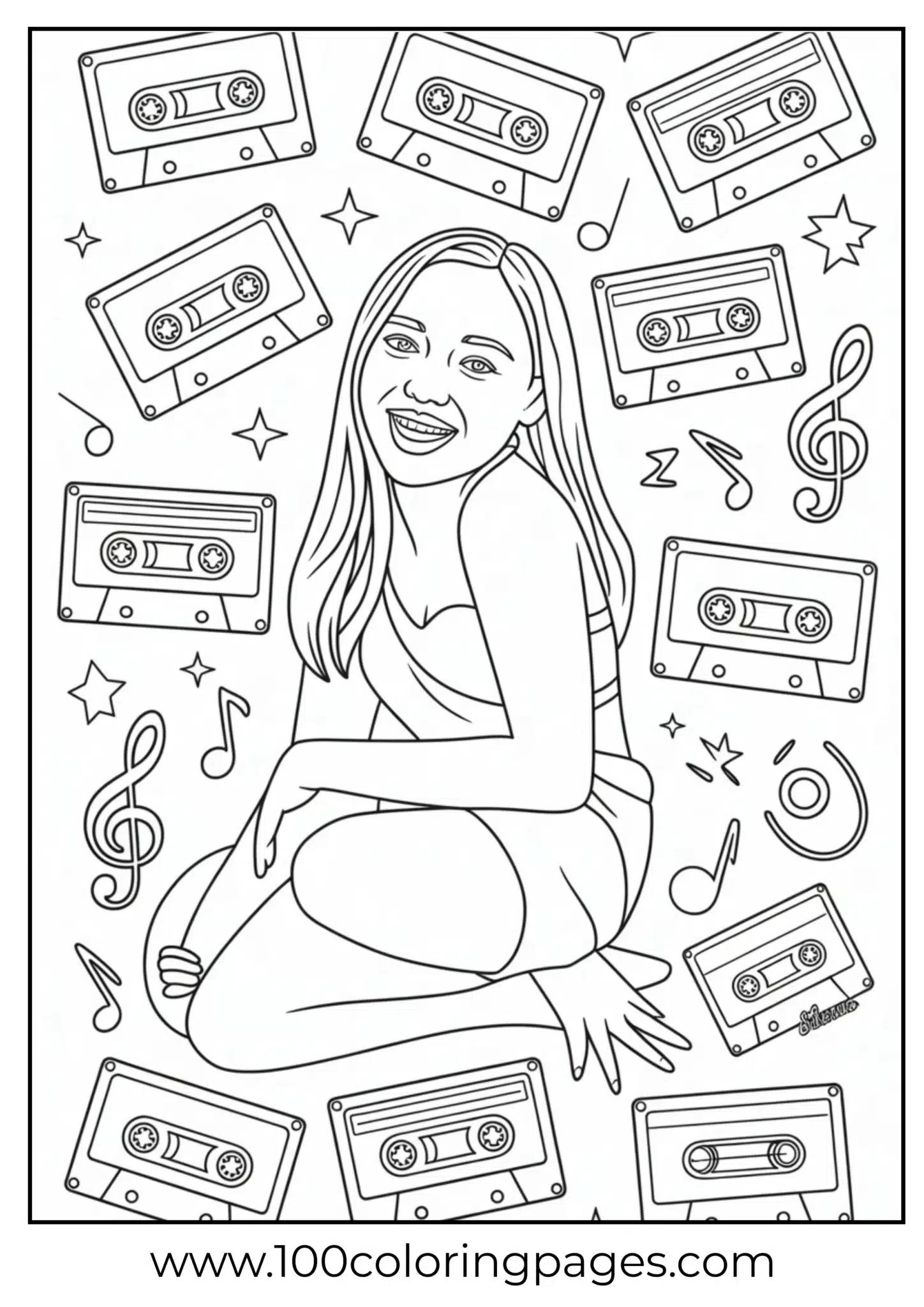 Olivia Rodrigo with cassette tapes around her in black and white
