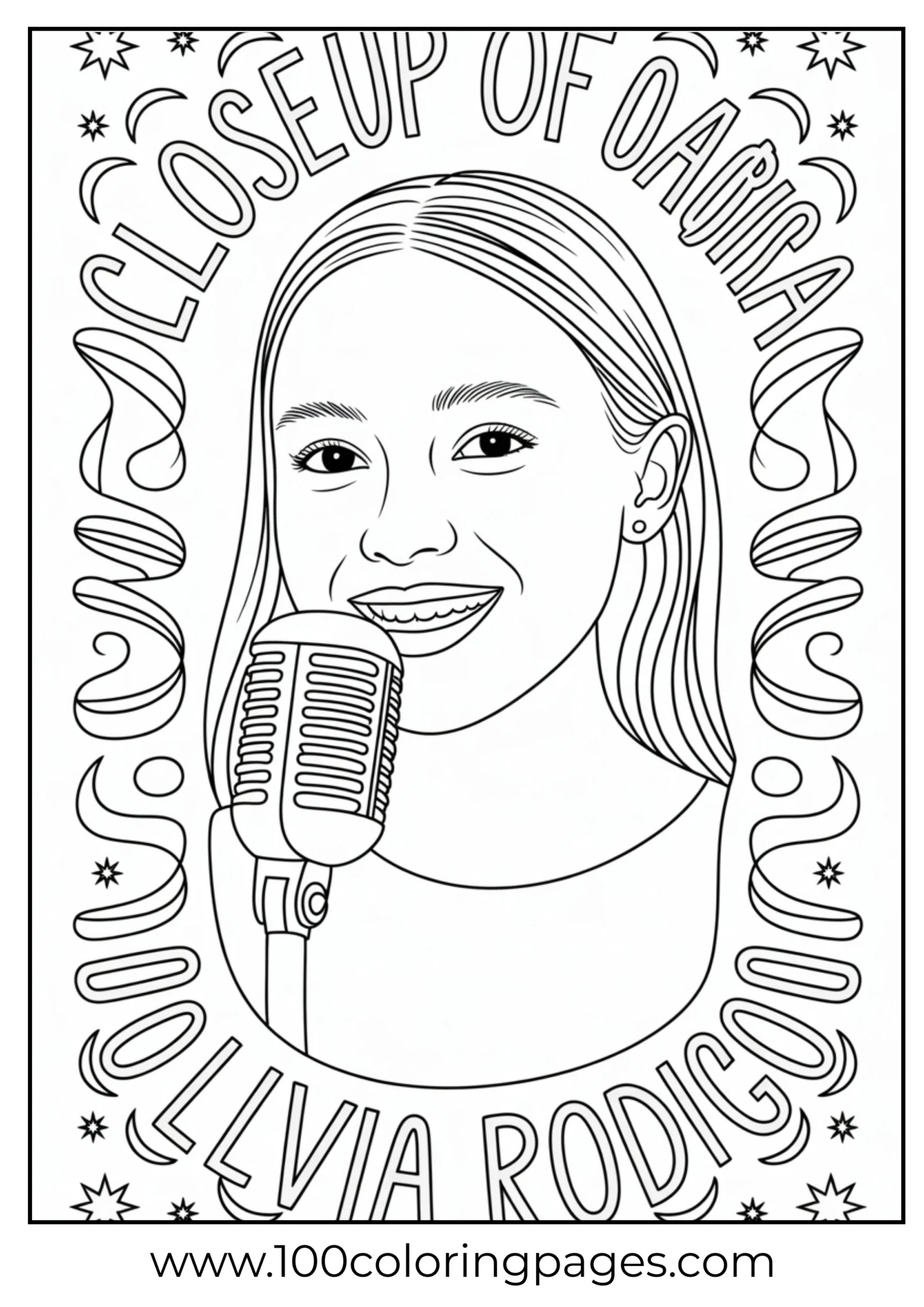 Close-up portrait of Olivia Rodrigo with mic, coloring outline