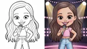 Cute cartoon-style Olivia Rodrigo holding a microphone on stage — Olivia Rodrigo coloring pages