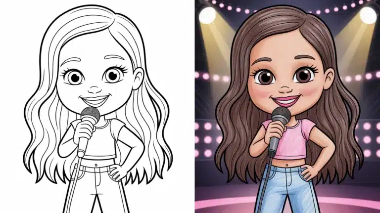 Cute cartoon-style Olivia Rodrigo holding a microphone on stage — Olivia Rodrigo coloring pages