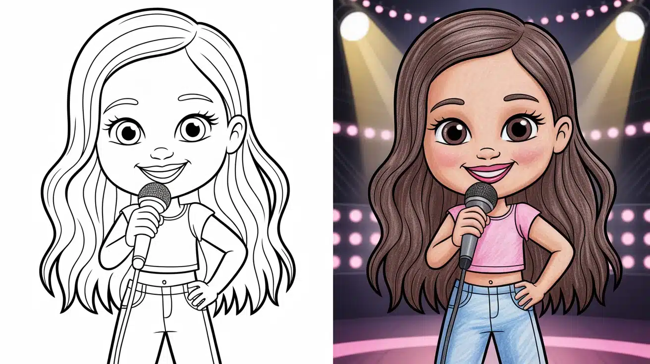 Cute cartoon-style Olivia Rodrigo holding a microphone on stage — Olivia Rodrigo coloring pages