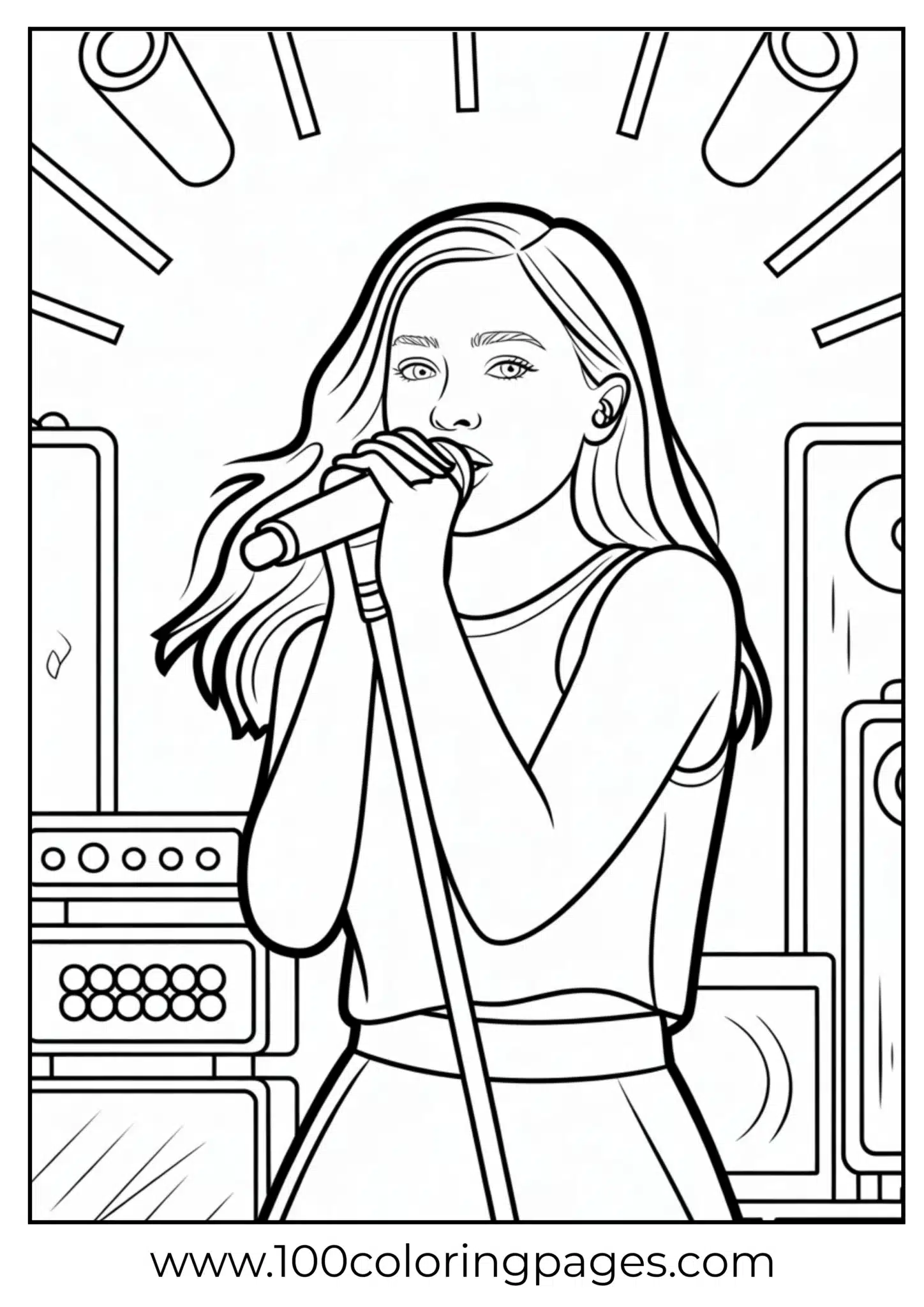 Olivia Rodrigo singing with a mic stand, coloring page outline