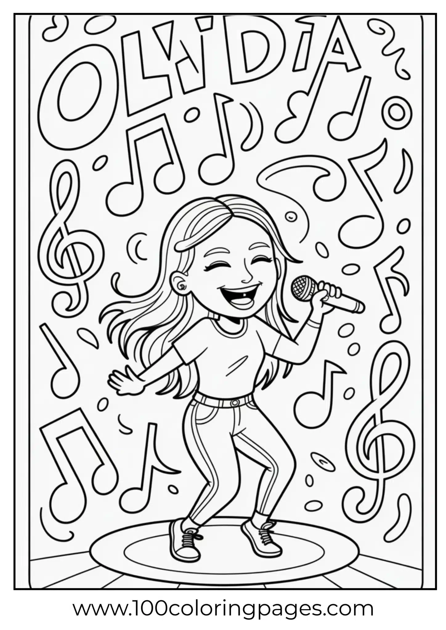 Olivia Rodrigo dancing with musical notes outline