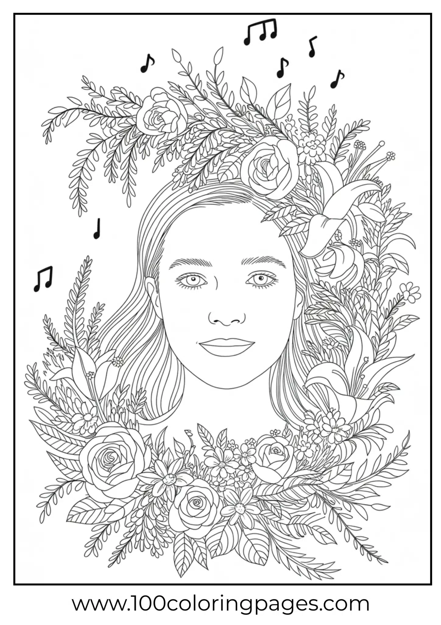 Olivia Rodrigo portrait inside a floral and music-note wreath