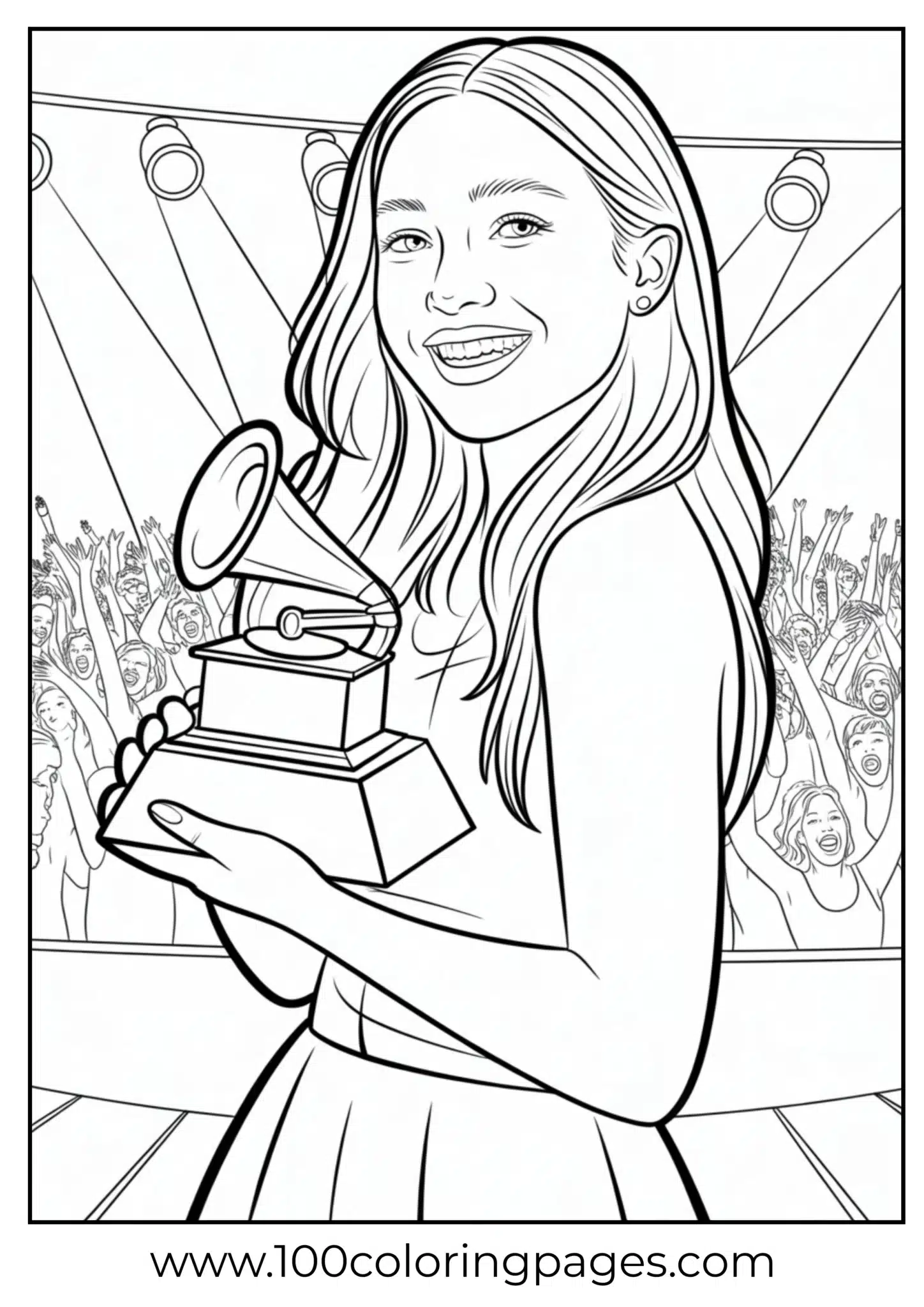 Olivia Rodrigo holding a Grammy trophy outline