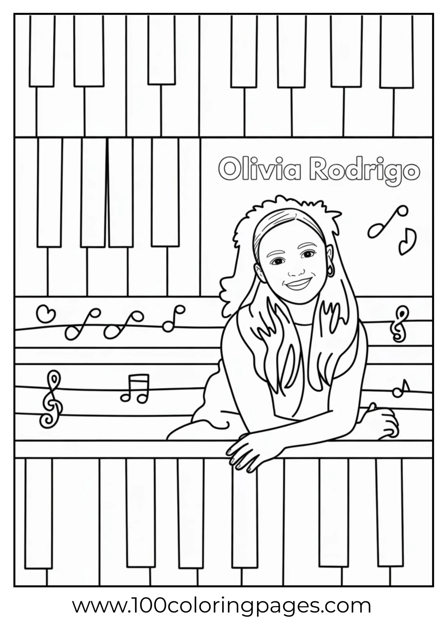 Olivia Rodrigo silhouette with piano keys in background, outline