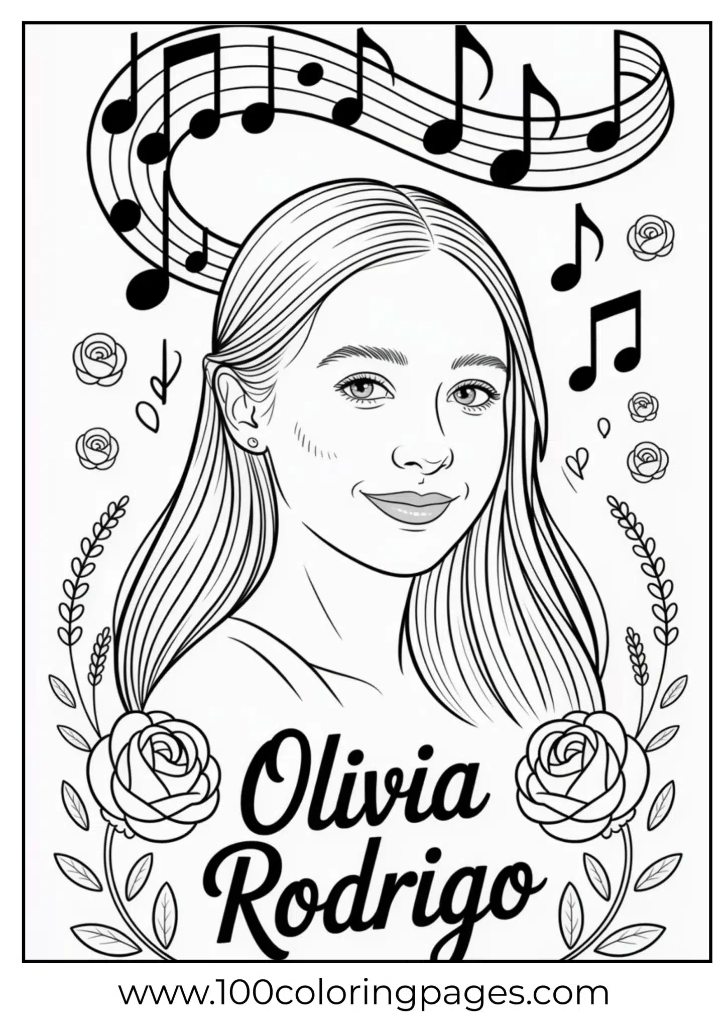 Coloring page outline of Olivia Rodrigo portrait with musical notes