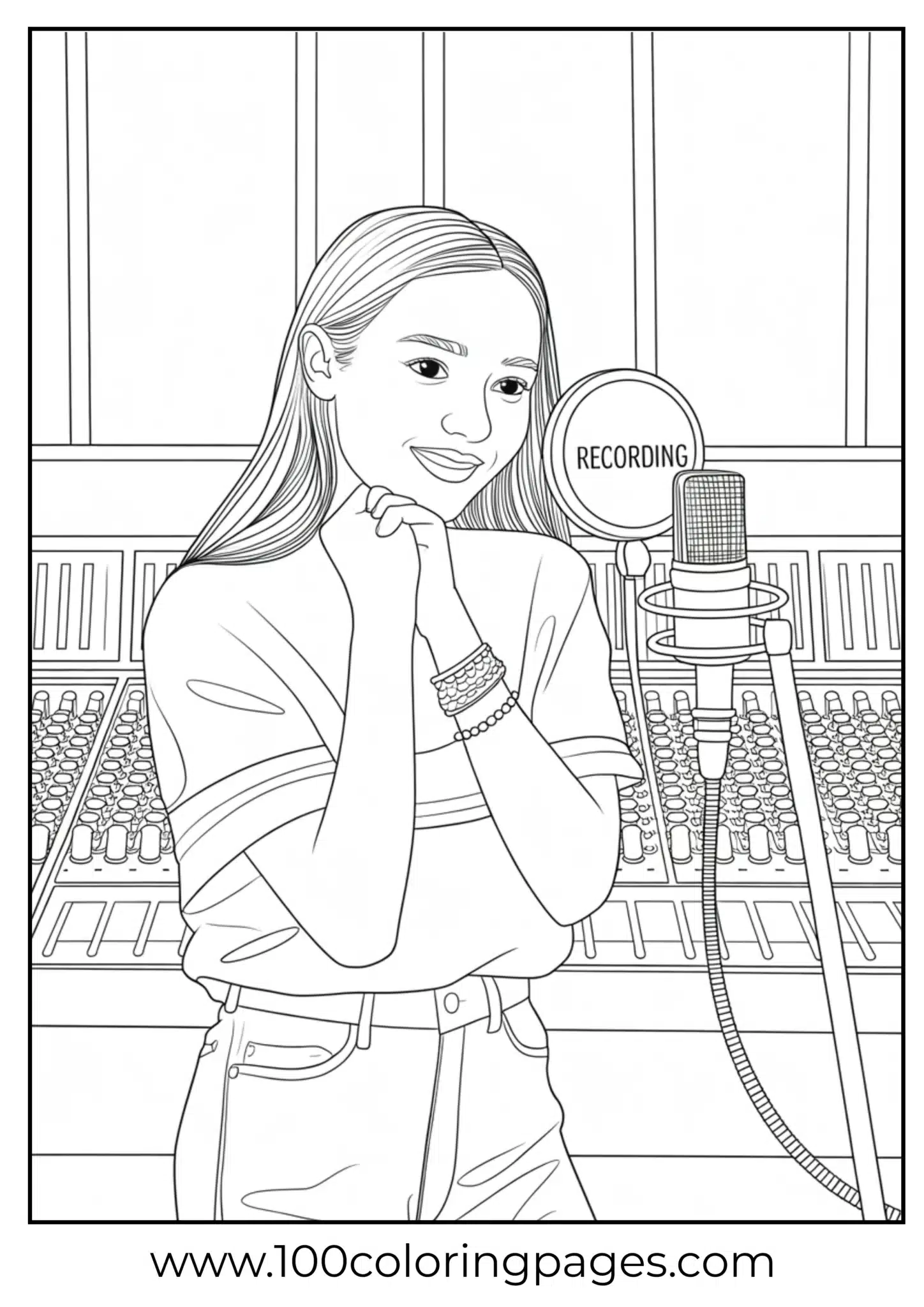Olivia Rodrigo in studio recording vocals, coloring page