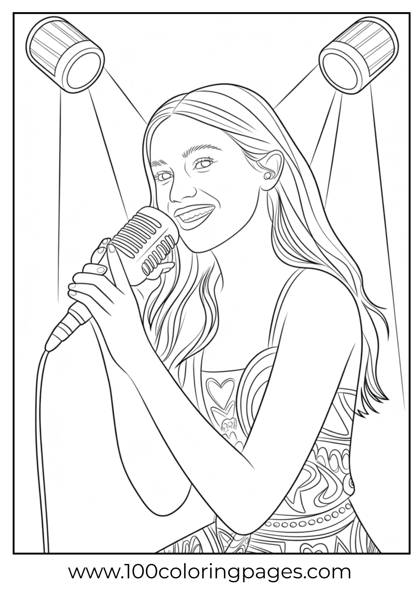 Olivia Rodrigo holding retro-style mic under stage lights, outline