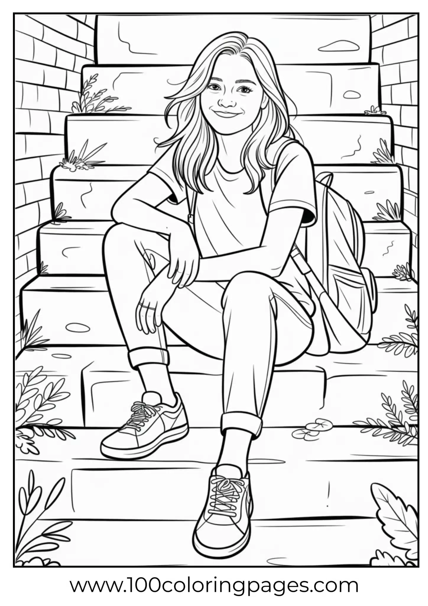 Olivia Rodrigo sitting casually on stairs with bag