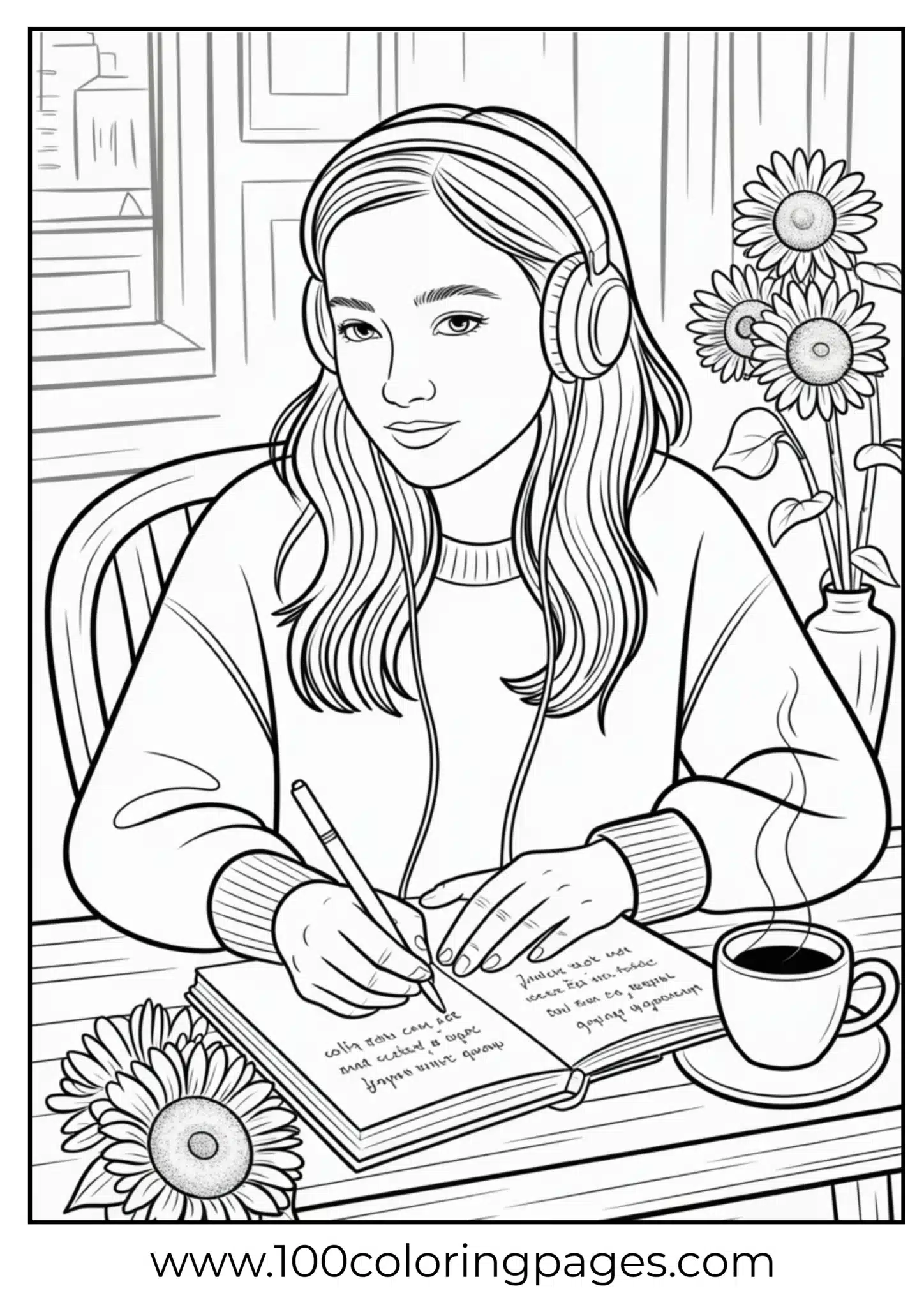 Olivia Rodrigo journaling lyrics at a table, line drawing