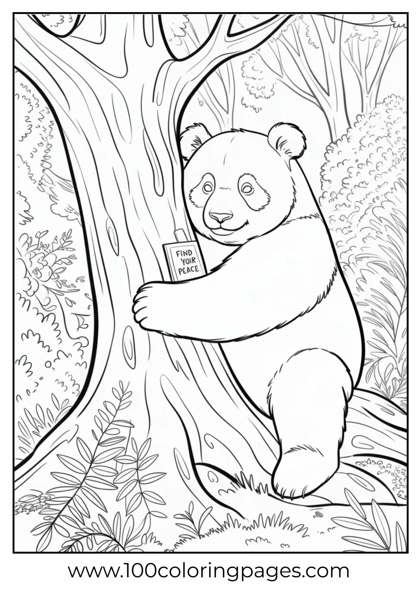 Panda resting by tree trunk, coloring outline