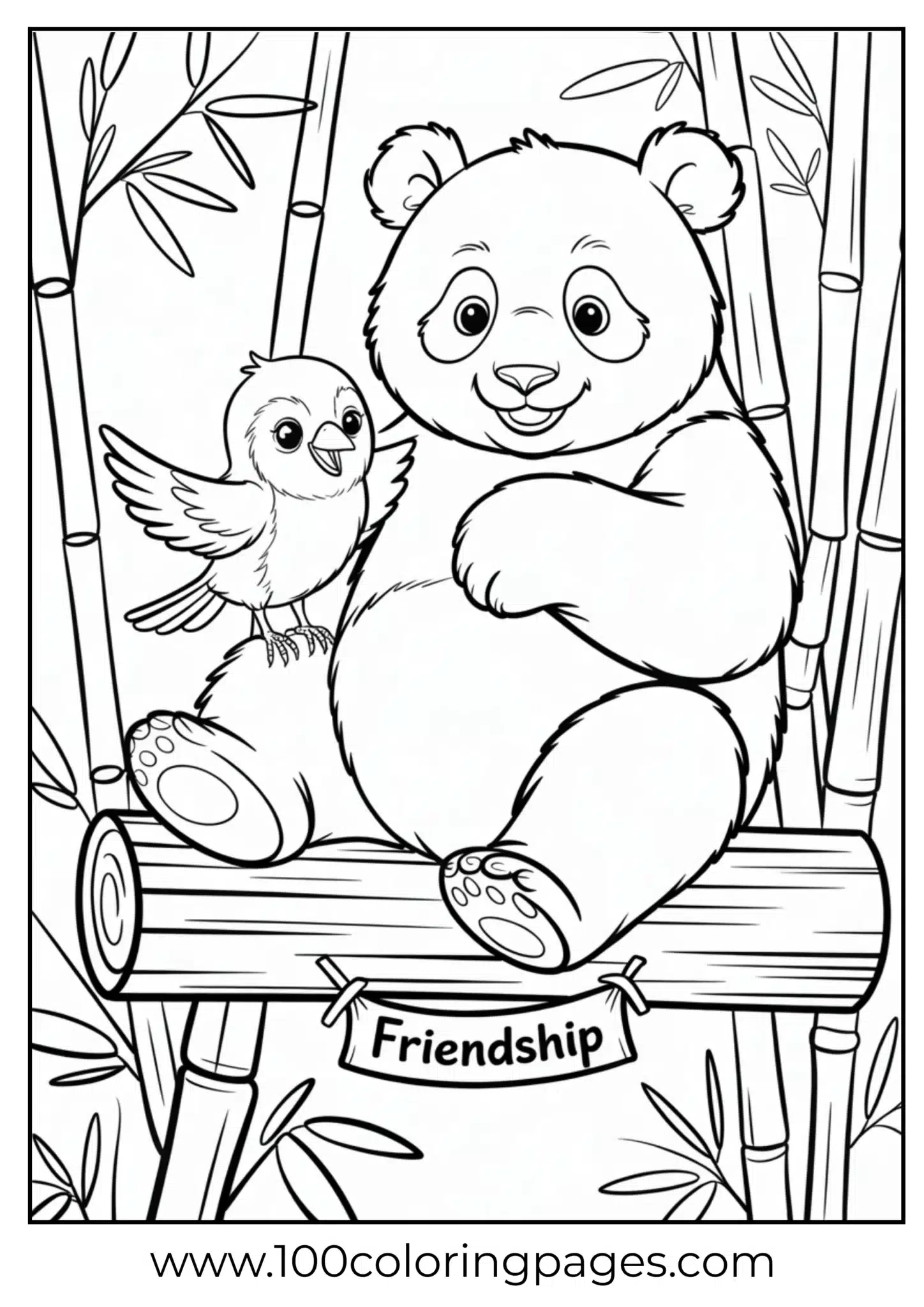 Panda with small bird on bamboo log, outline