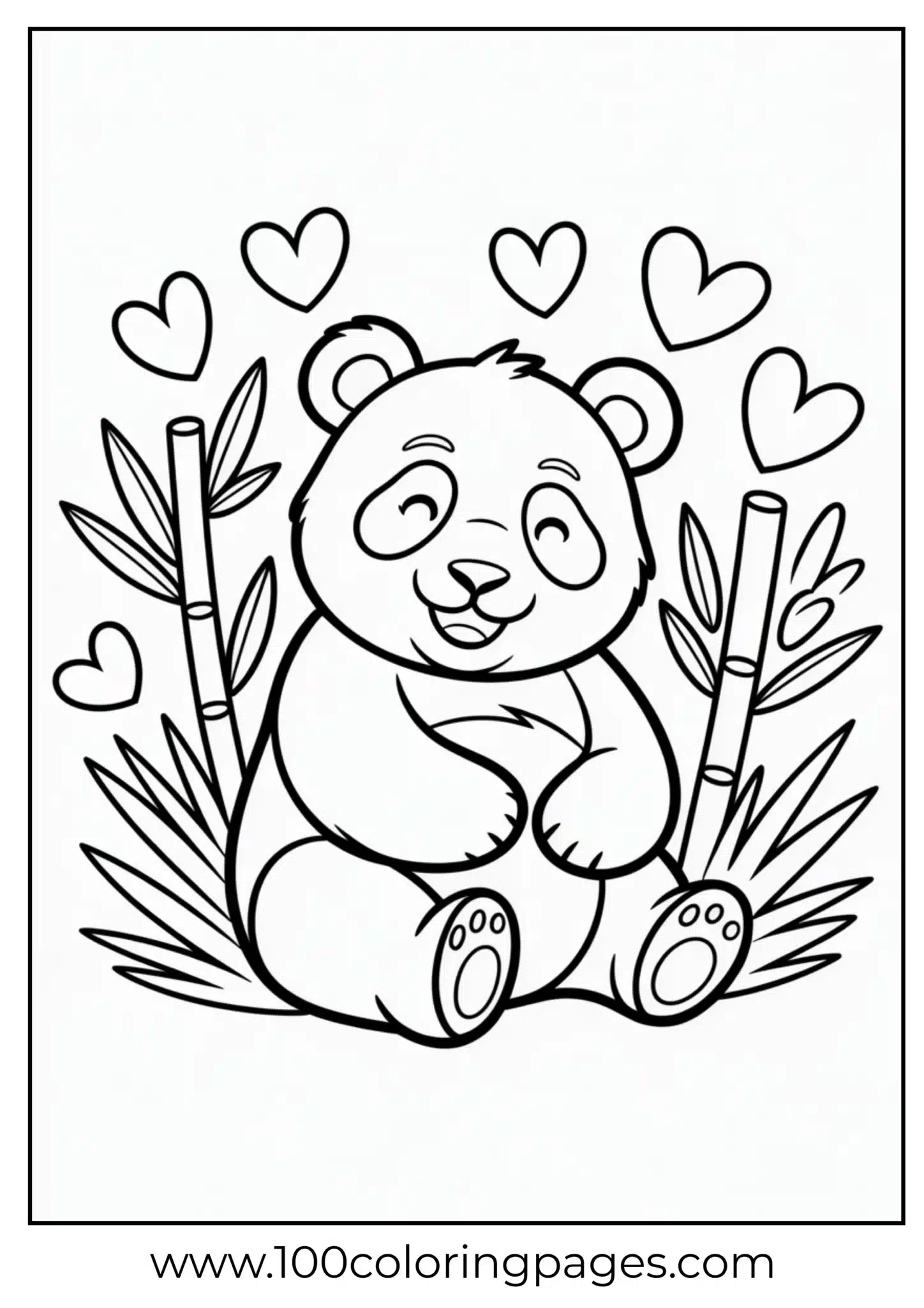 Panda in heart-shaped bamboo circle, outline