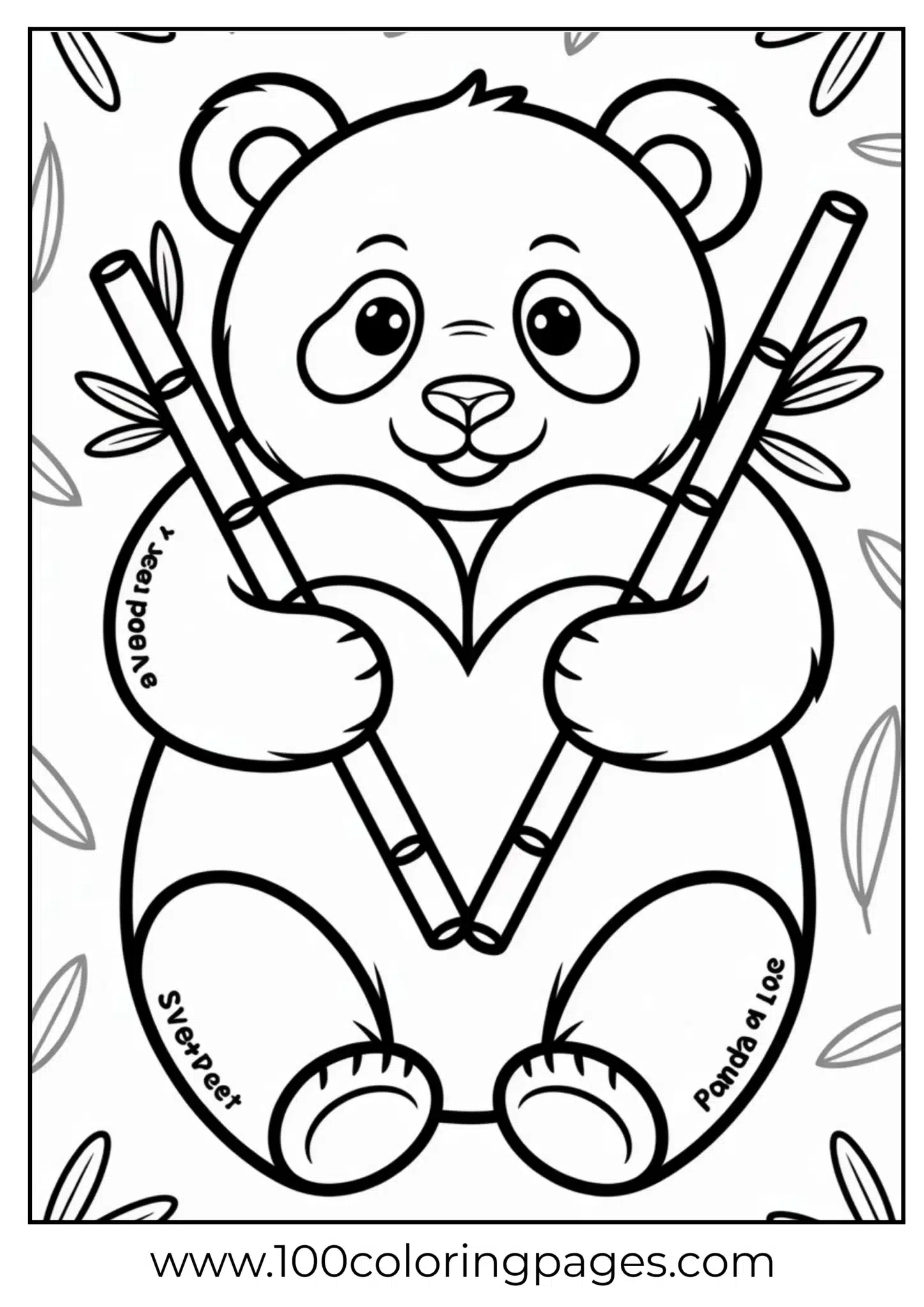 Panda shaping heart from bamboo, outline art