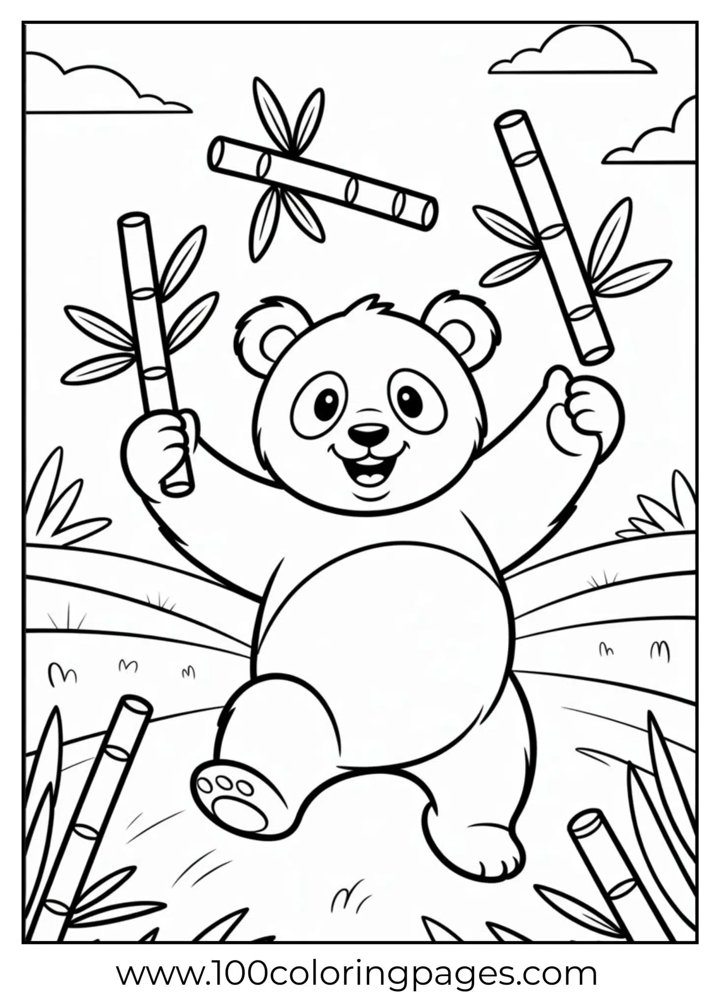 Panda juggling bamboo stalks playfully