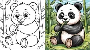 Cartoon panda eating bamboo in a forest — part of our cute panda coloring pages collection