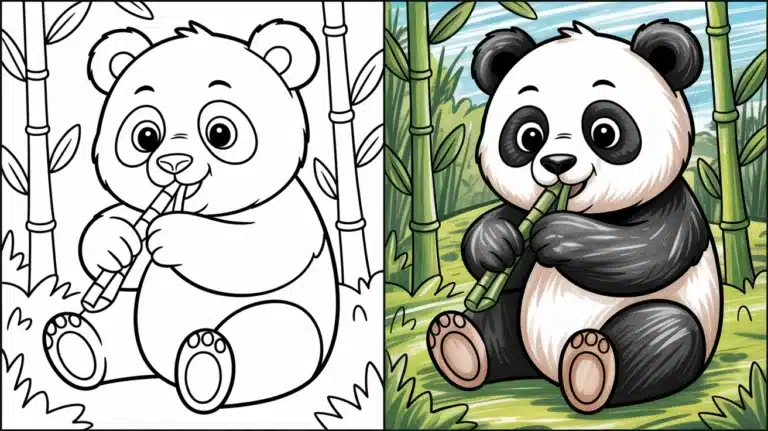 Cartoon panda eating bamboo in a forest — part of our cute panda coloring pages collection