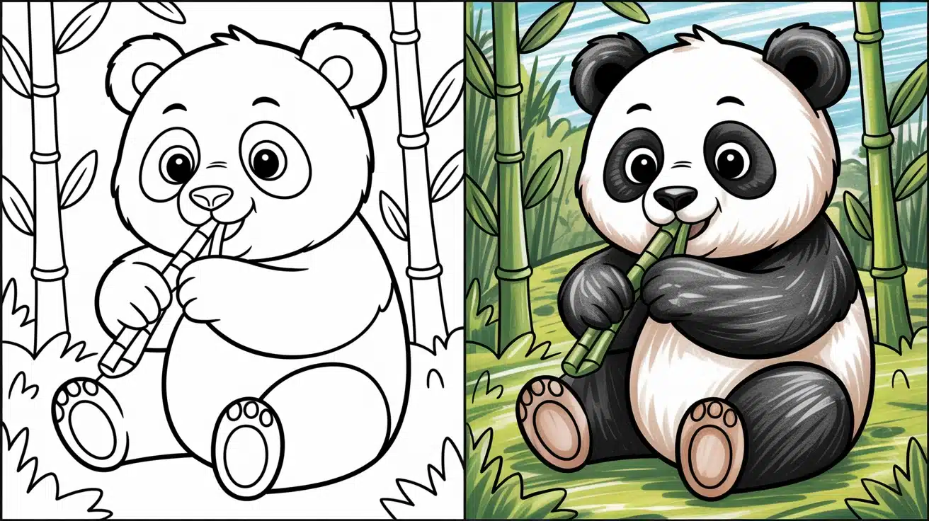 Cartoon panda eating bamboo in a forest — part of our cute panda coloring pages collection