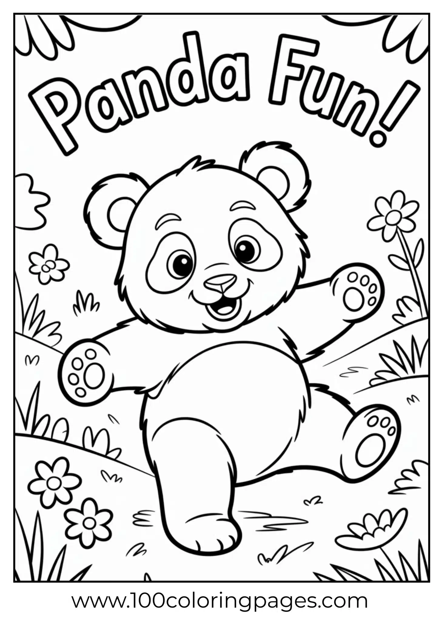 Playful panda cub rolling in grass, outline
