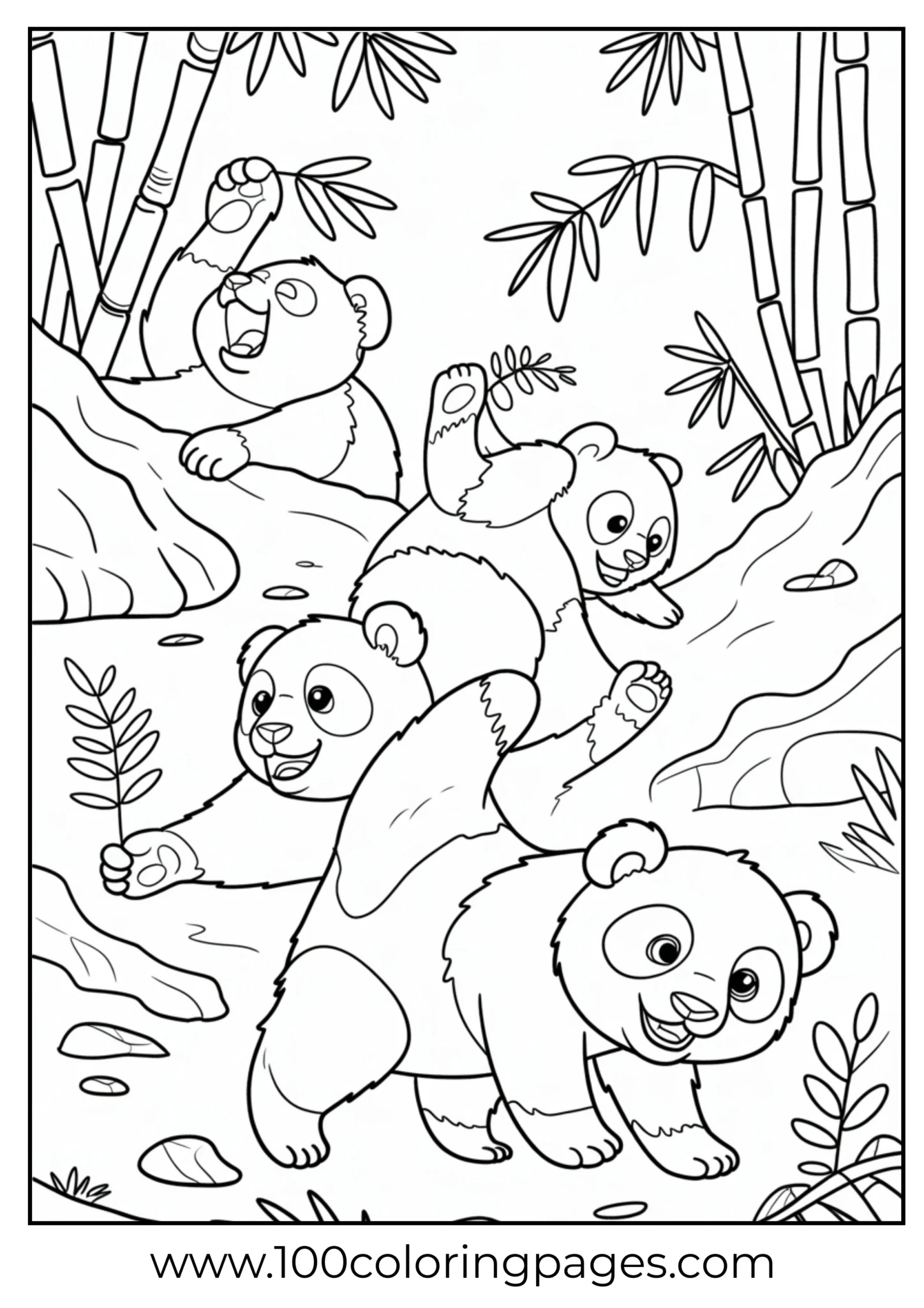 Two cubs tumbling among bamboo, outline art