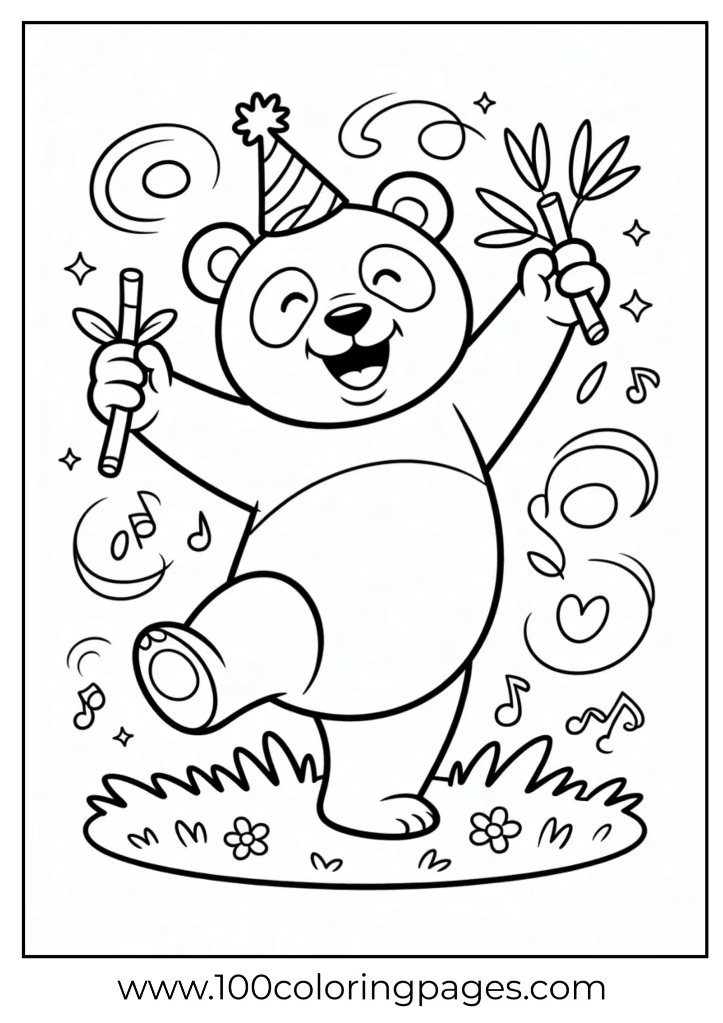 Panda standing dancing with bamboo stalk, outline