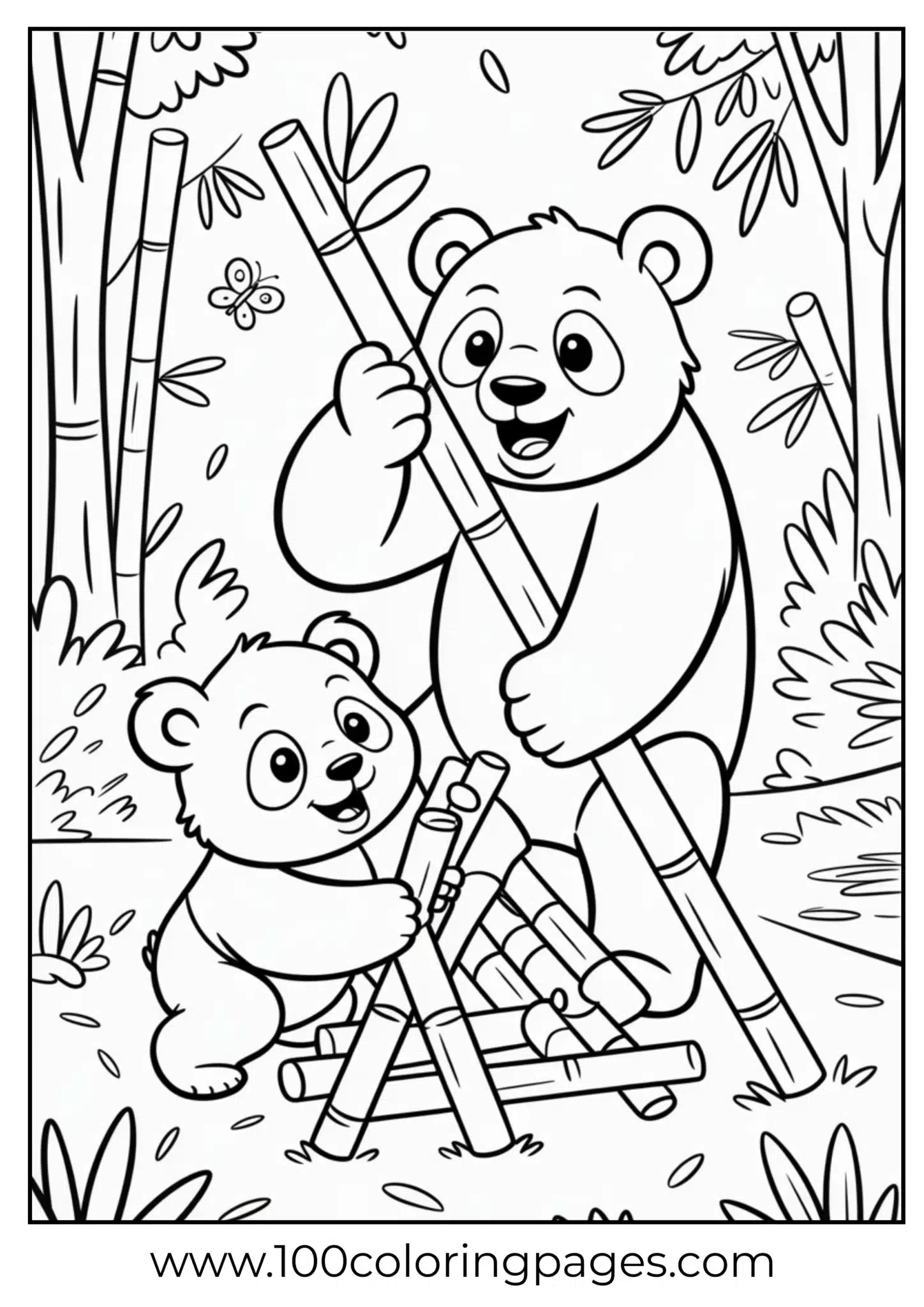 Panda and cub with bamboo structure, outline