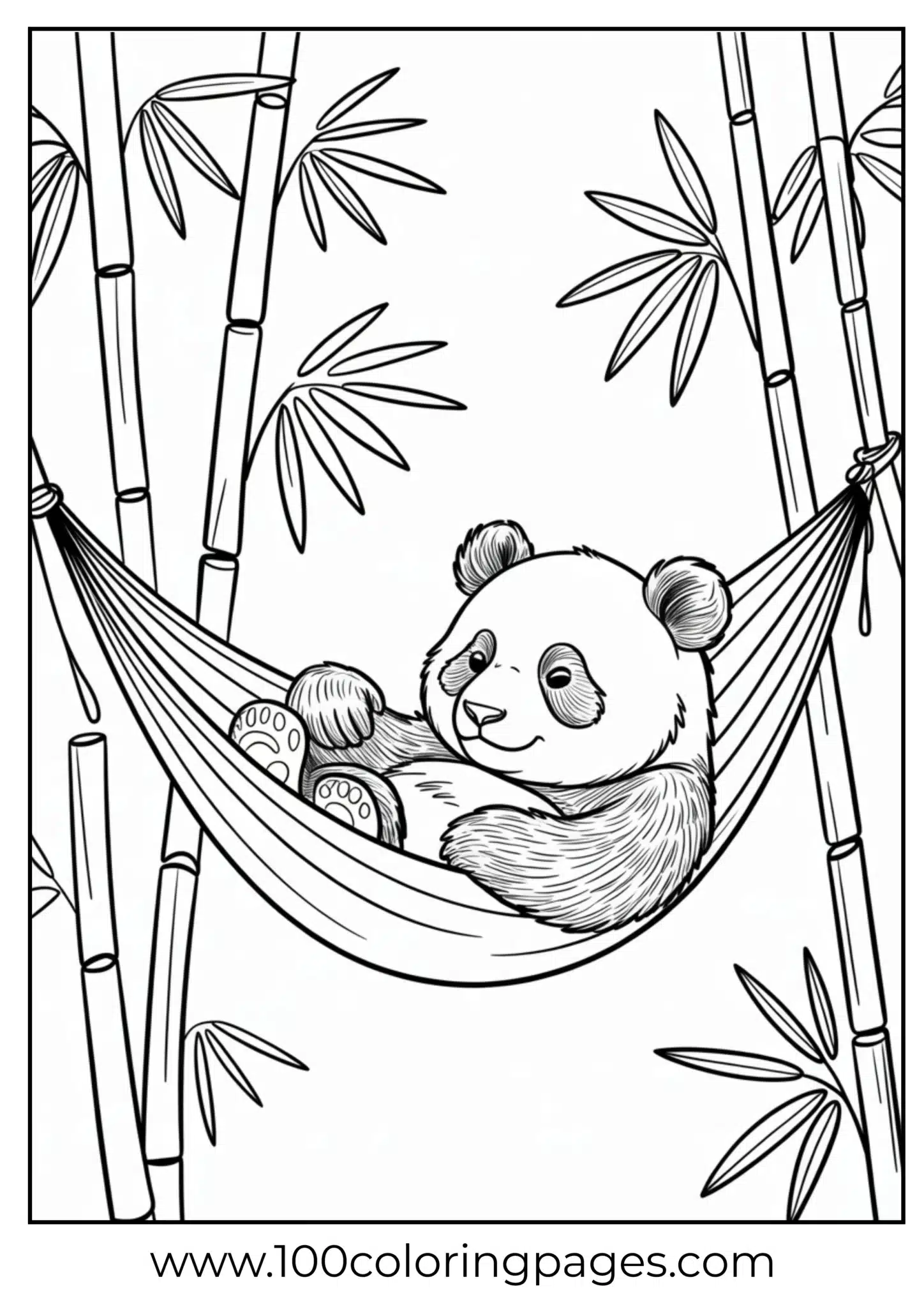 Panda relaxing in bamboo hammock, outline