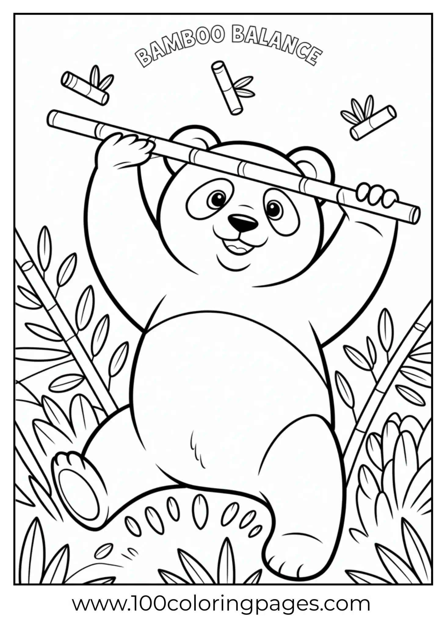 Panda balancing bamboo on nose, outline art