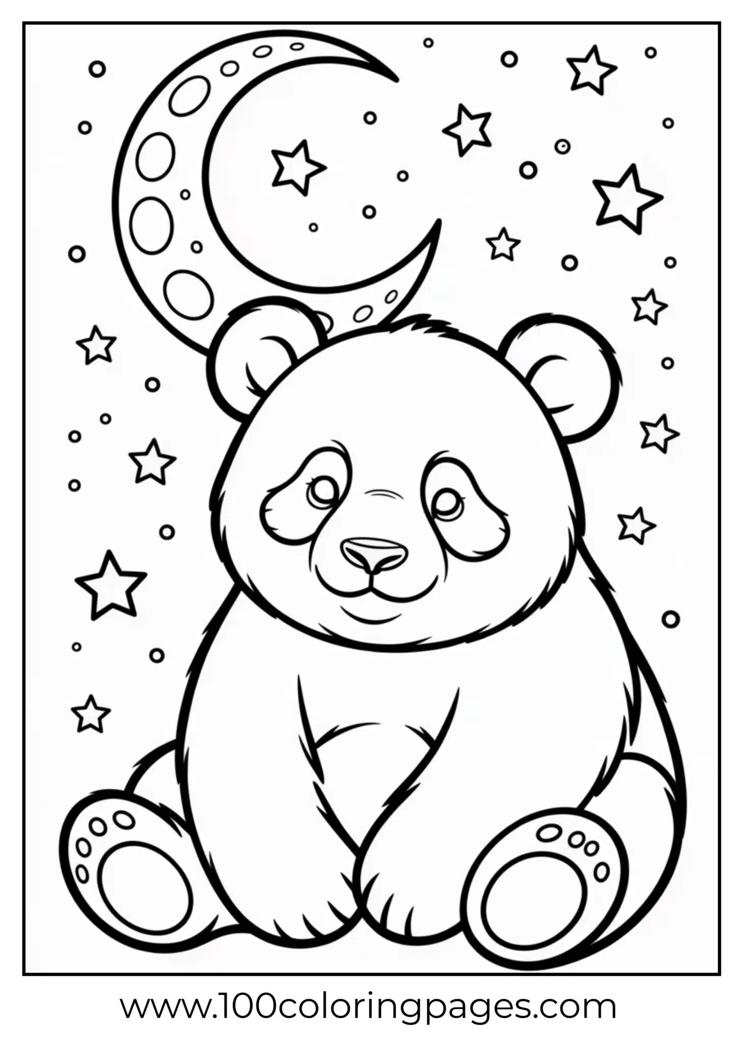 Panda under moon and stars, outline art