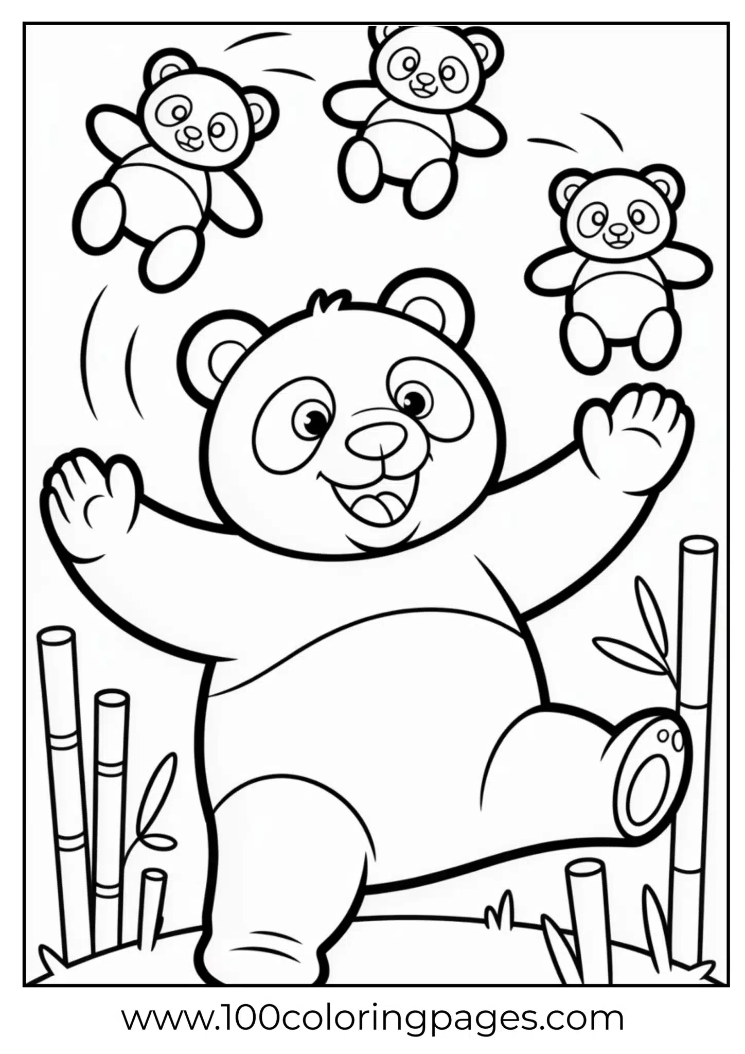 Panda juggling stuffed toys, outline