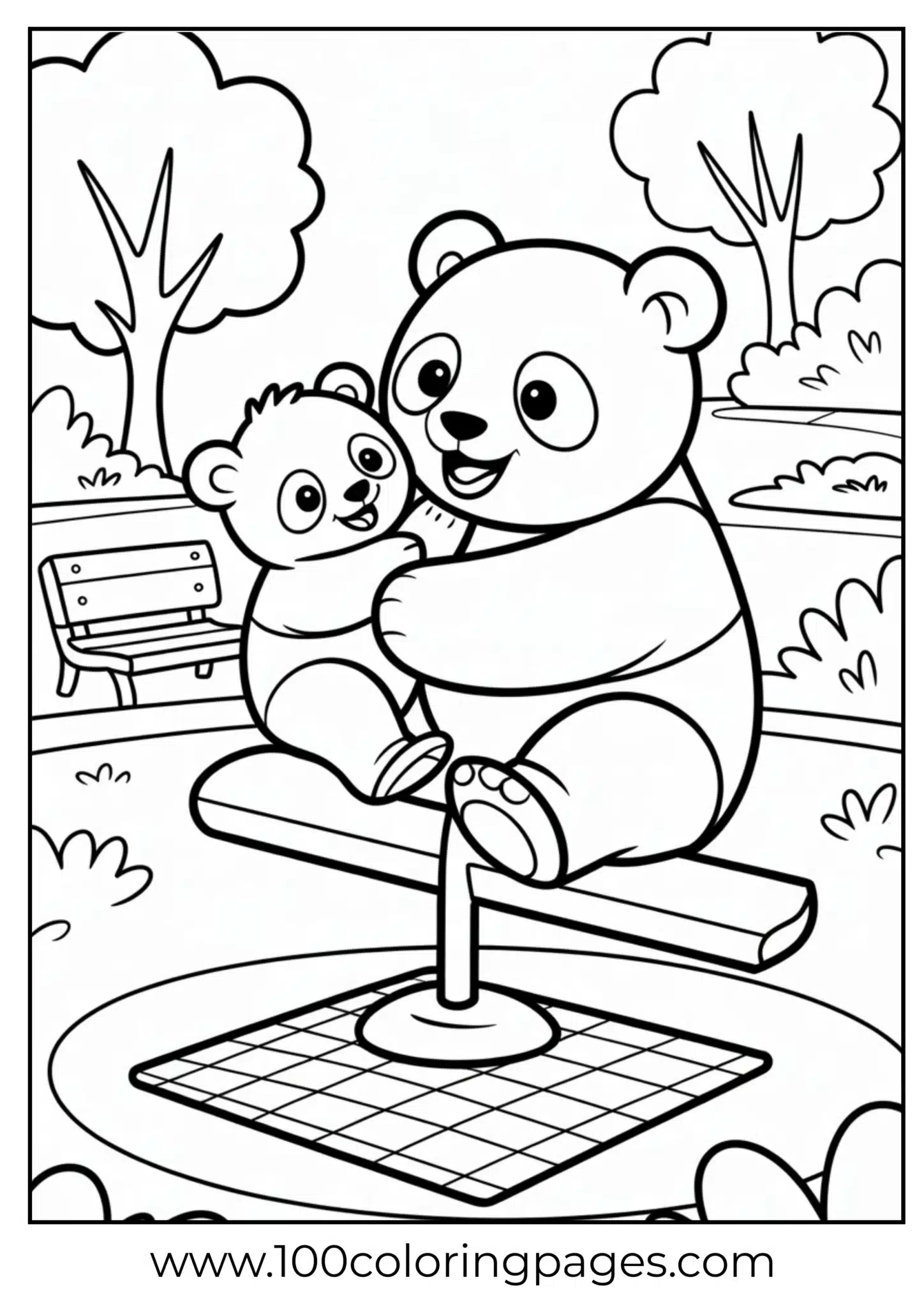 Panda parent and cub on seesaw, outline