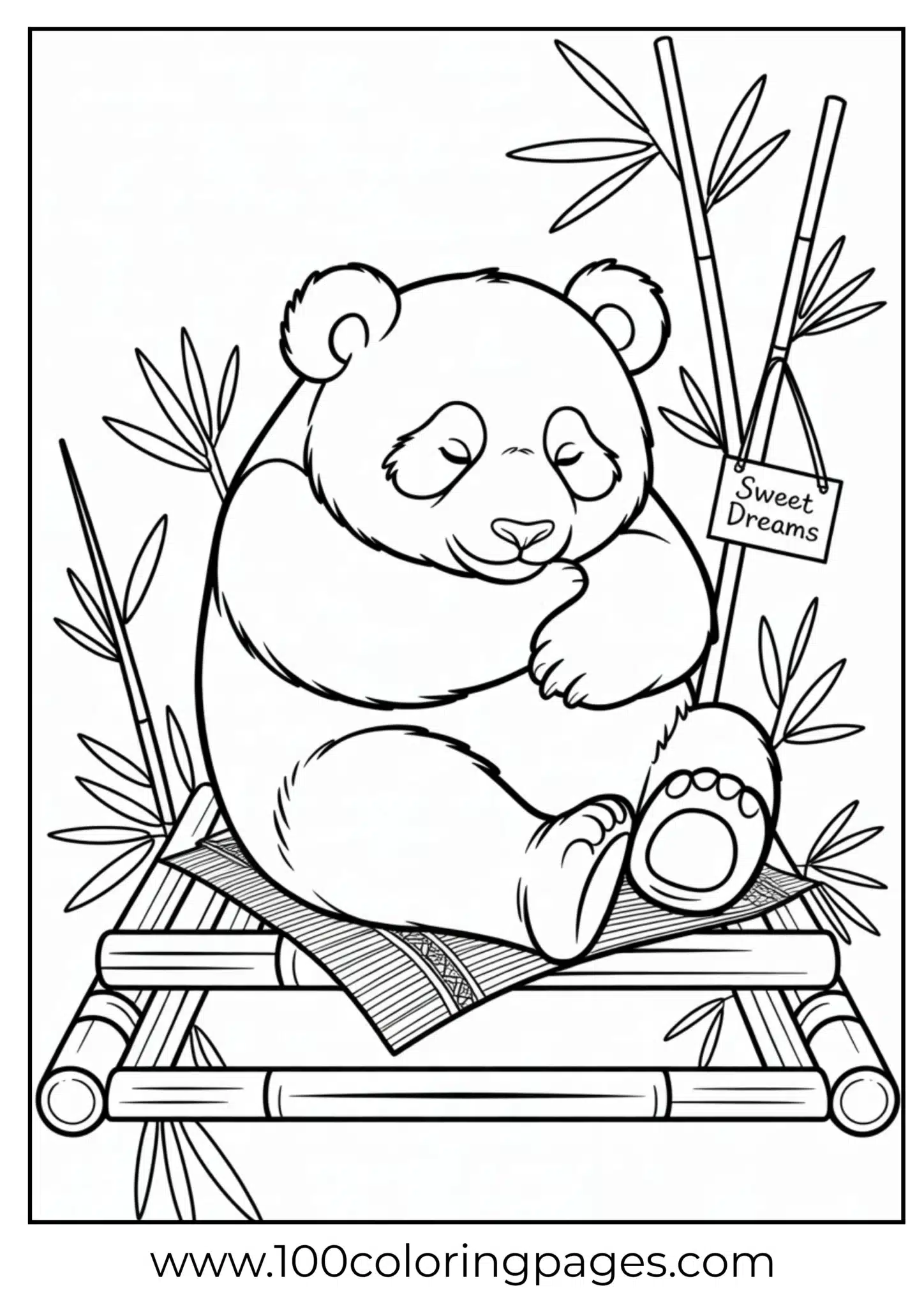 Sleeping panda curled on bamboo, outline art