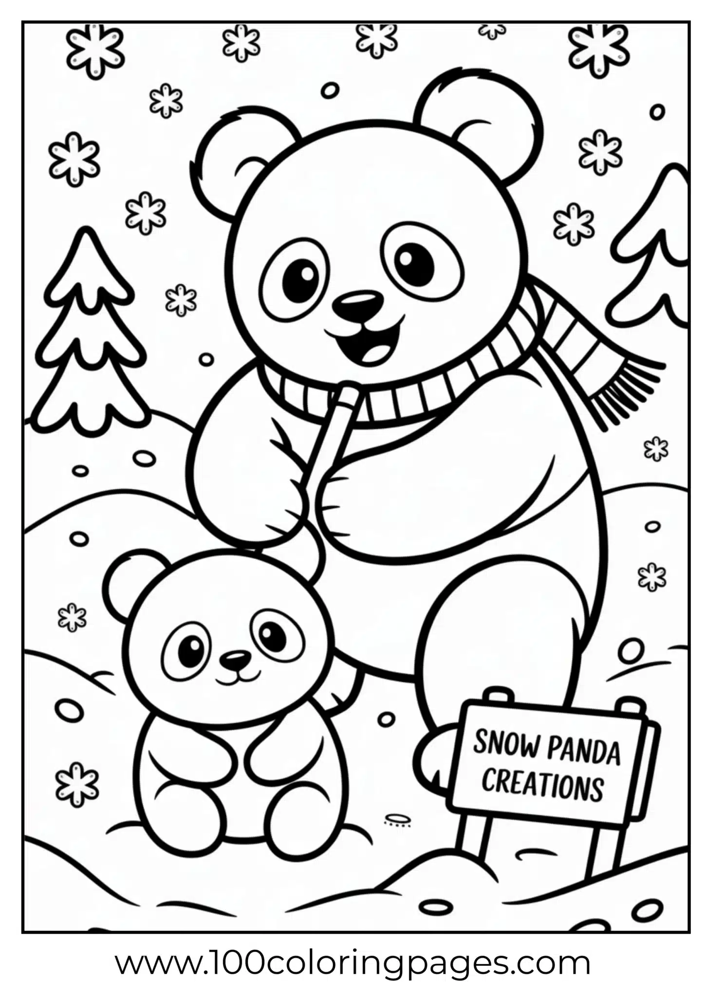 Panda creating snow panda sculpture, outline