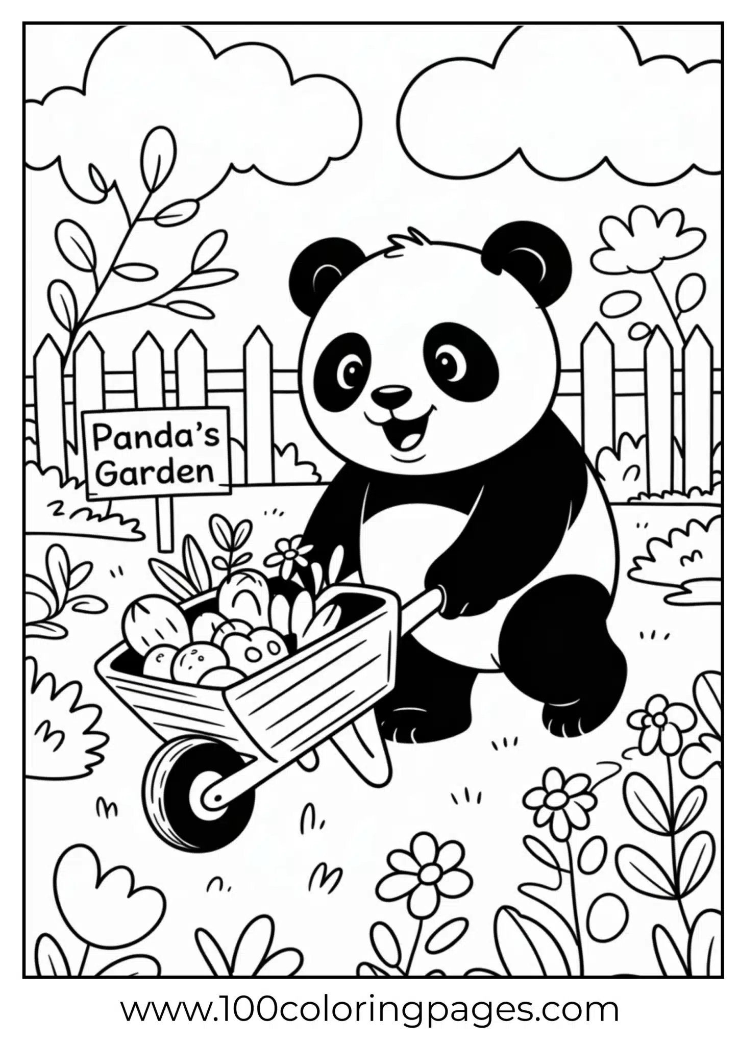 Panda pushing bamboo-filled wheelbarrow outline