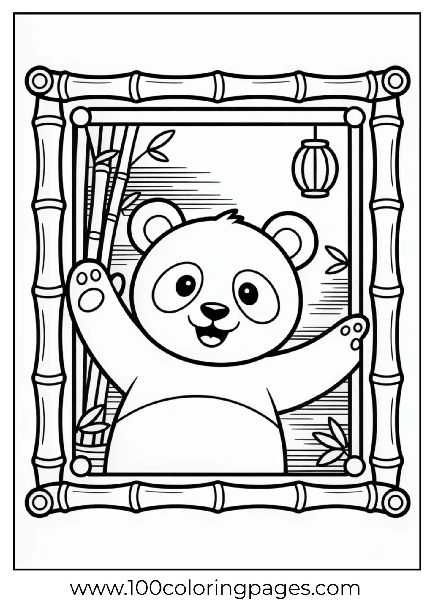 Panda waving from bamboo window, outline