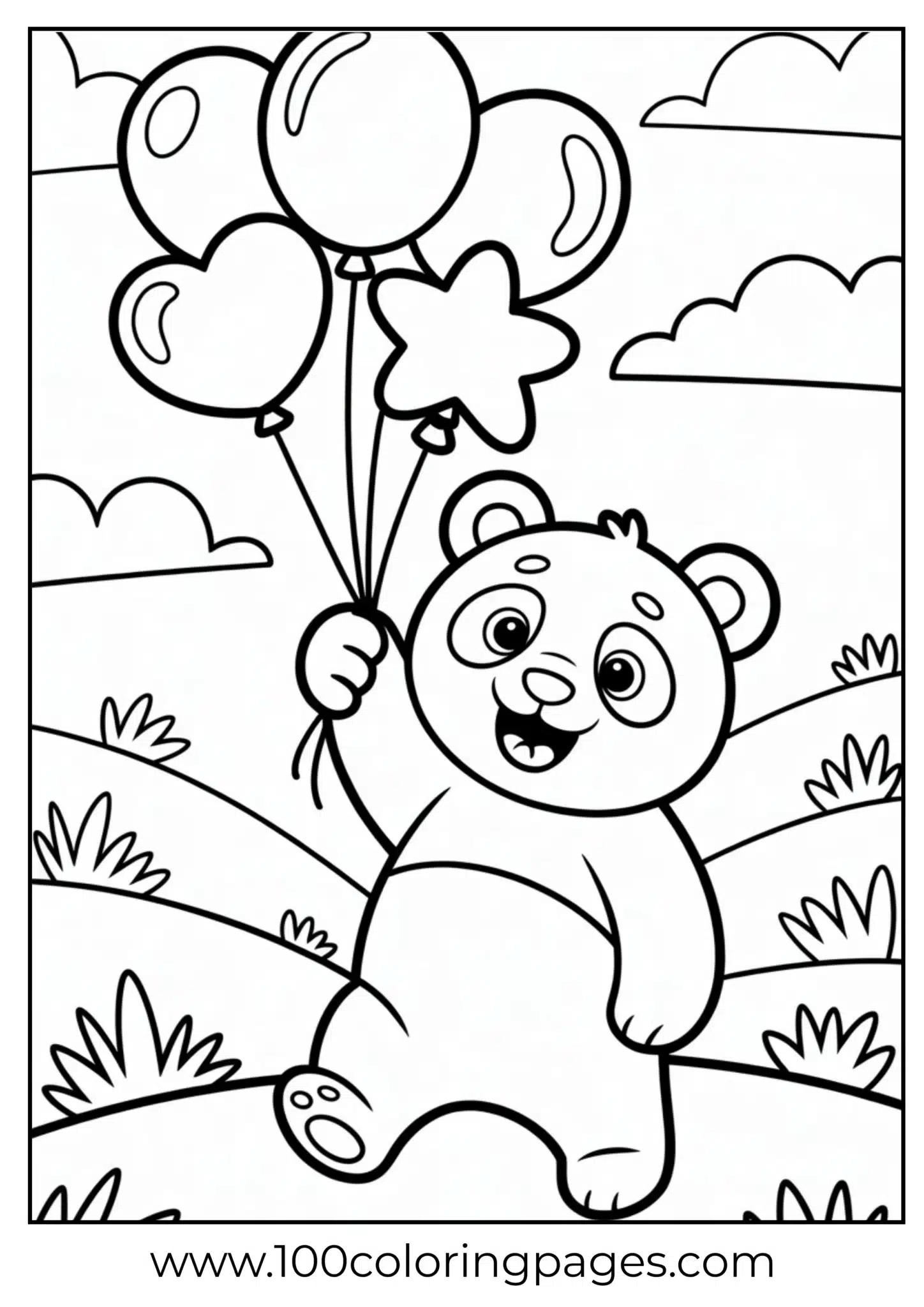 Panda holding multiple balloons, floating outline