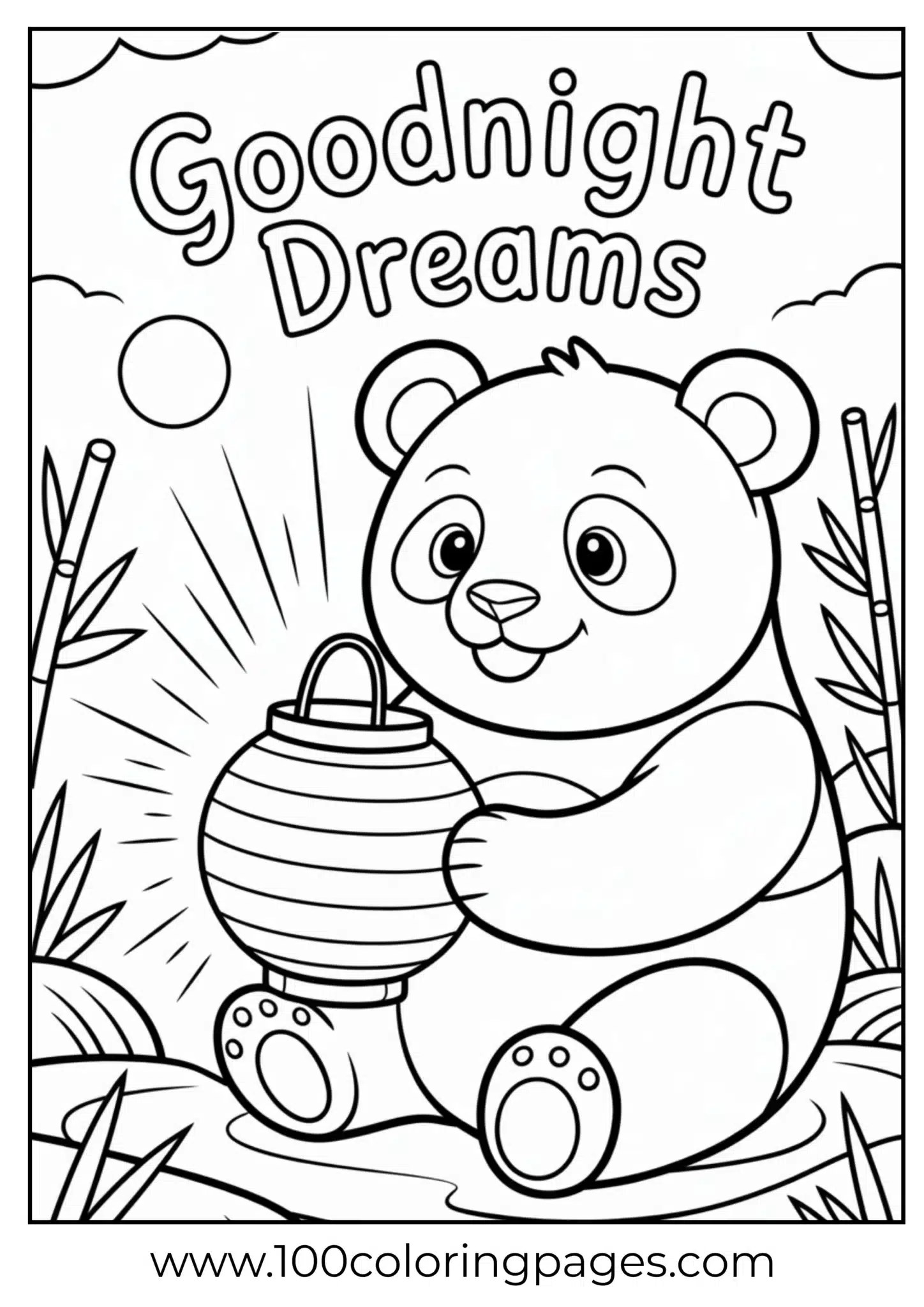 Panda holding lantern at night, outline art