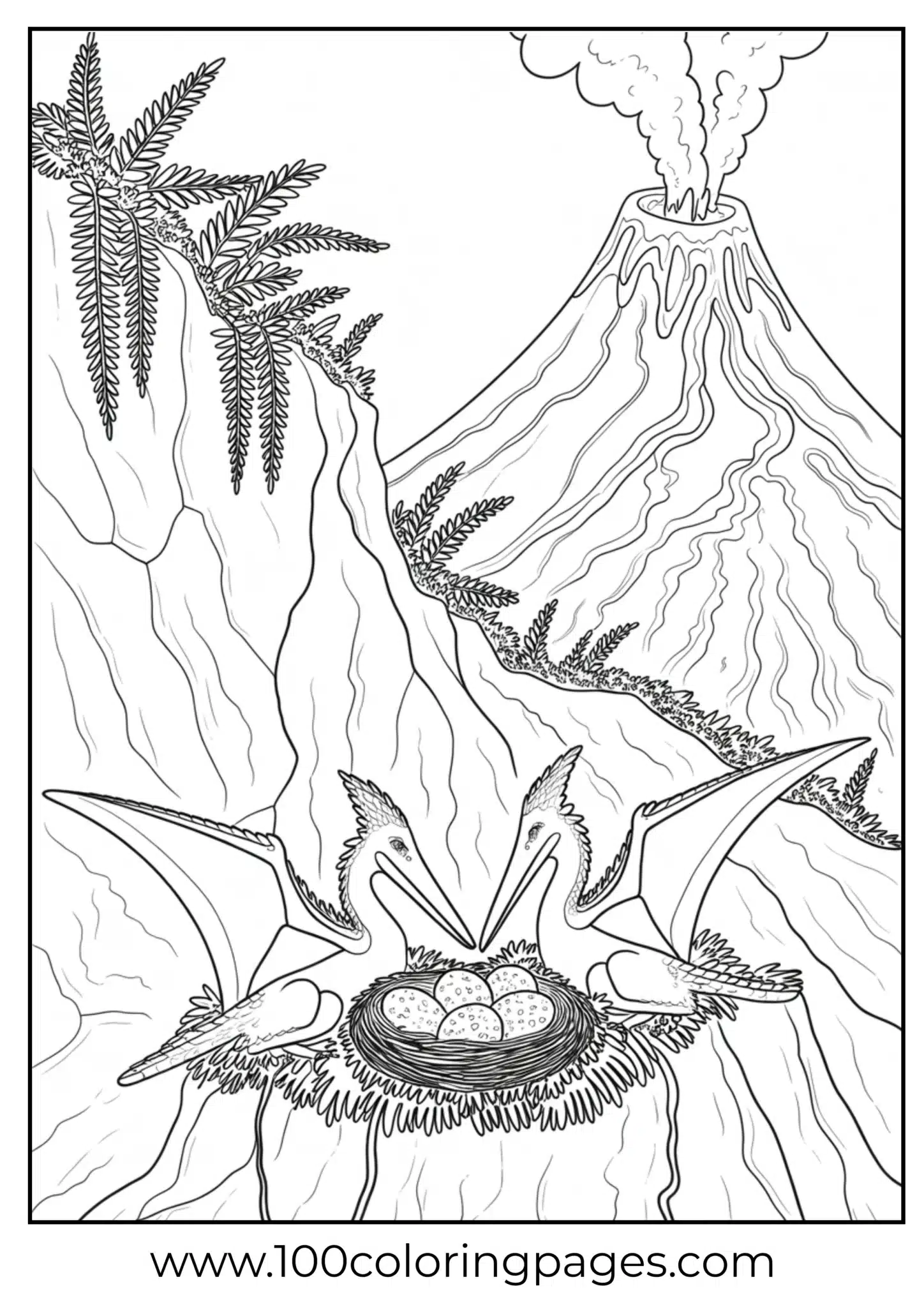 Pterodactyl nest on cliff by volcano backdrop, outline
