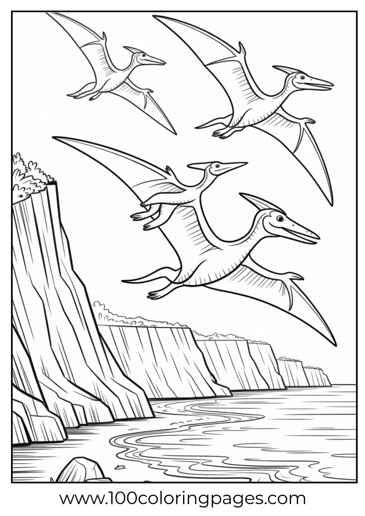 Pterosaurs flying by rocky cliff coastline, outline