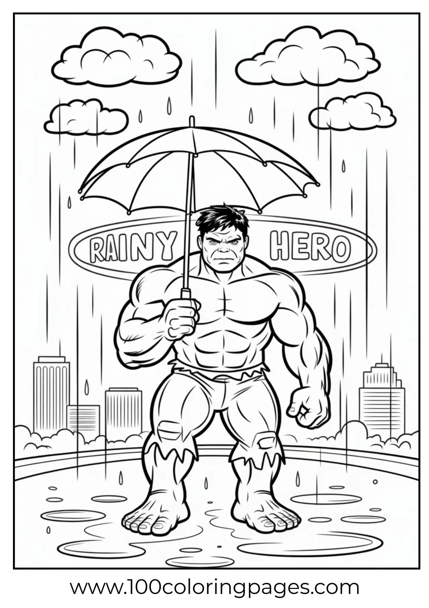 Hulk holding umbrella in rain coloring page