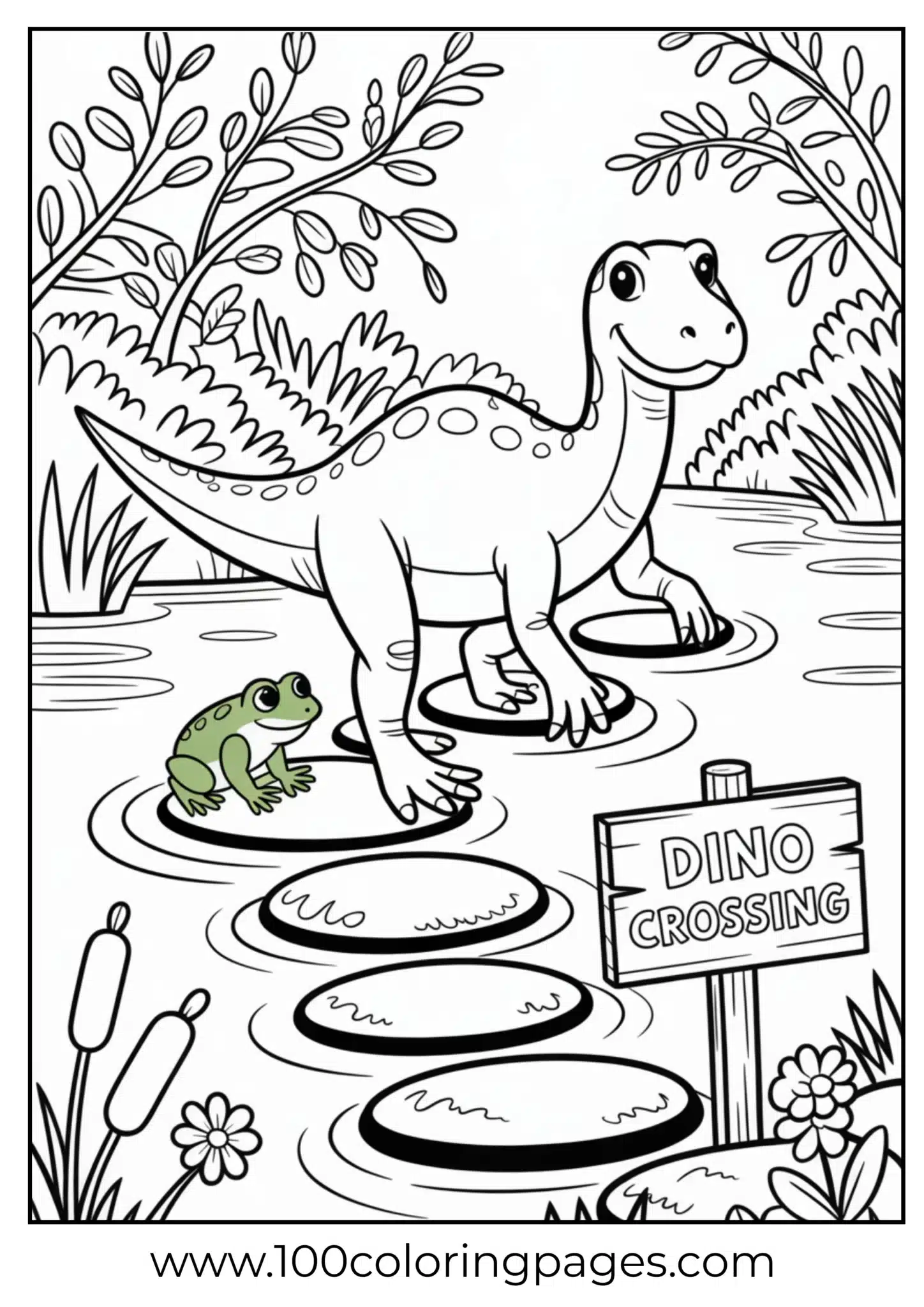 Dino crossing river with frog, outline
