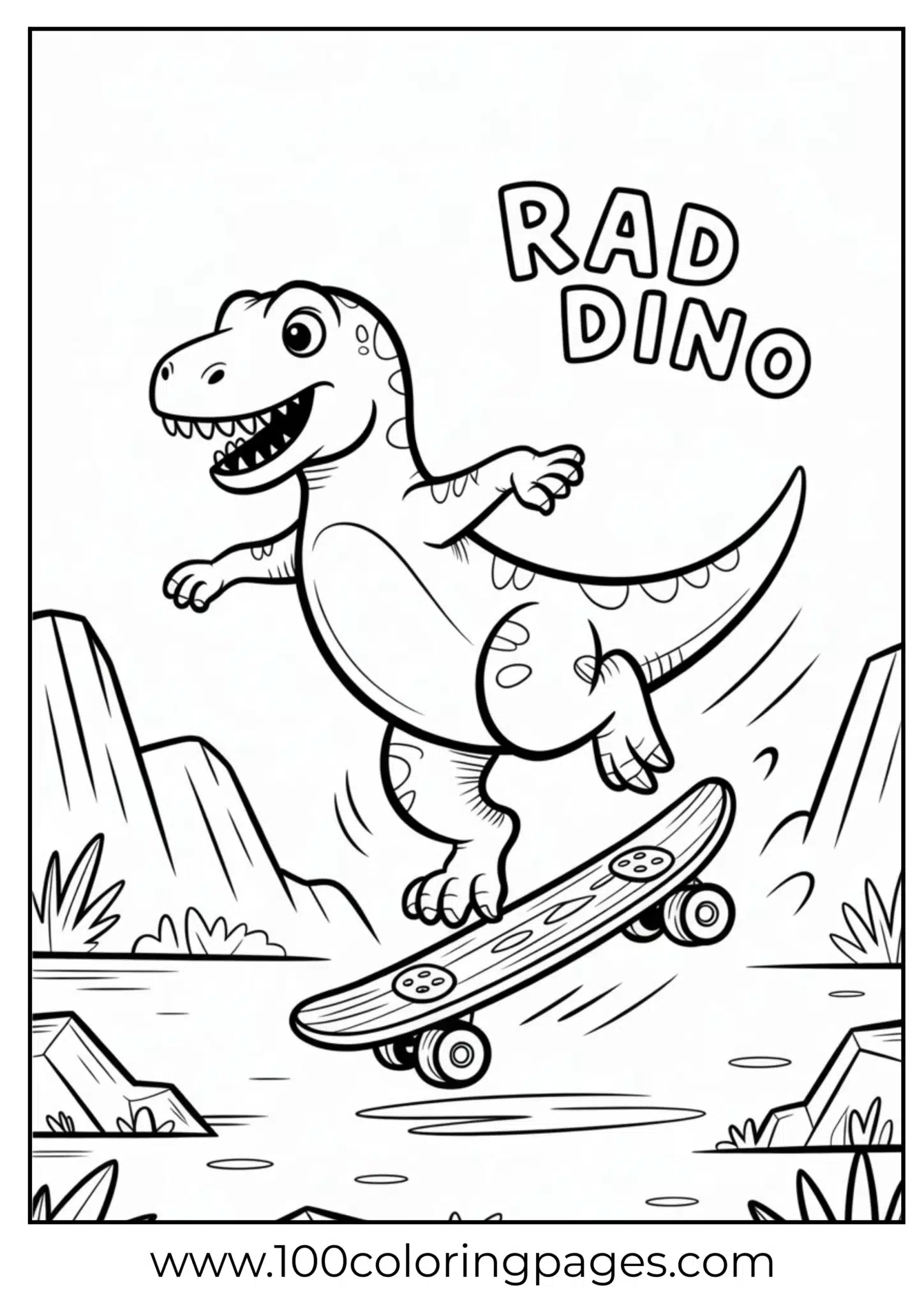 Dinosaur skating on primitive skateboard, outline
