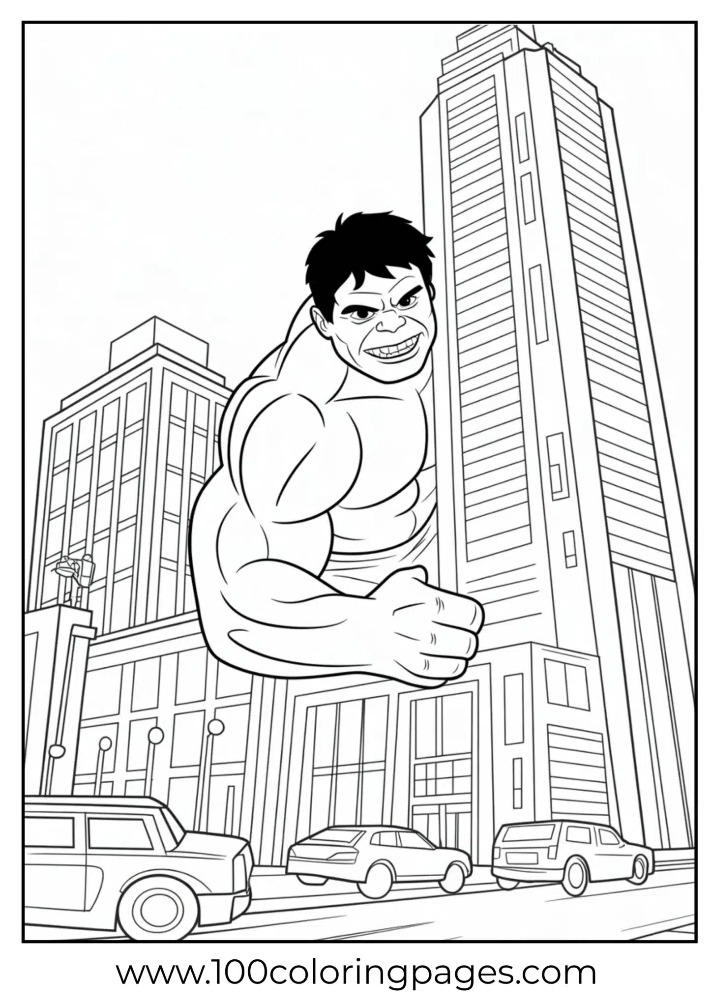 Hulk hiding behind building coloring page